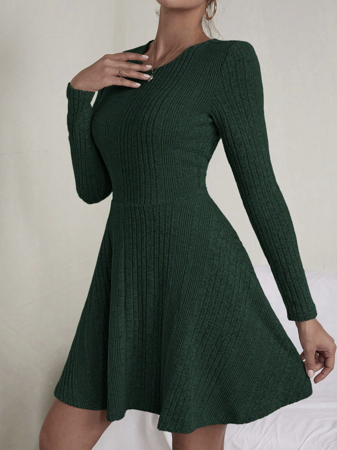 textured round neck long sleeve dress