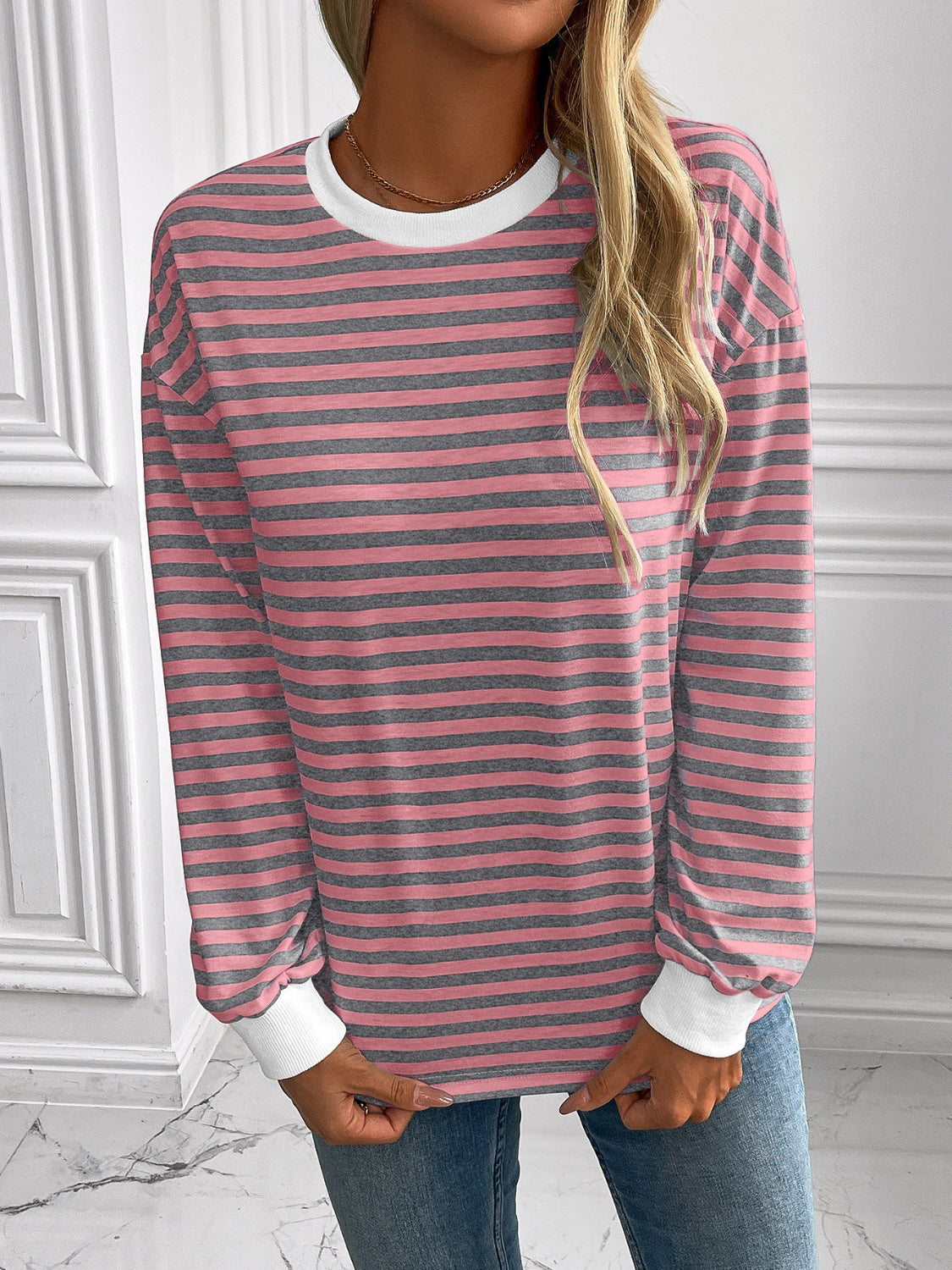ivy lane striped round neck long sleeve sweatshirt