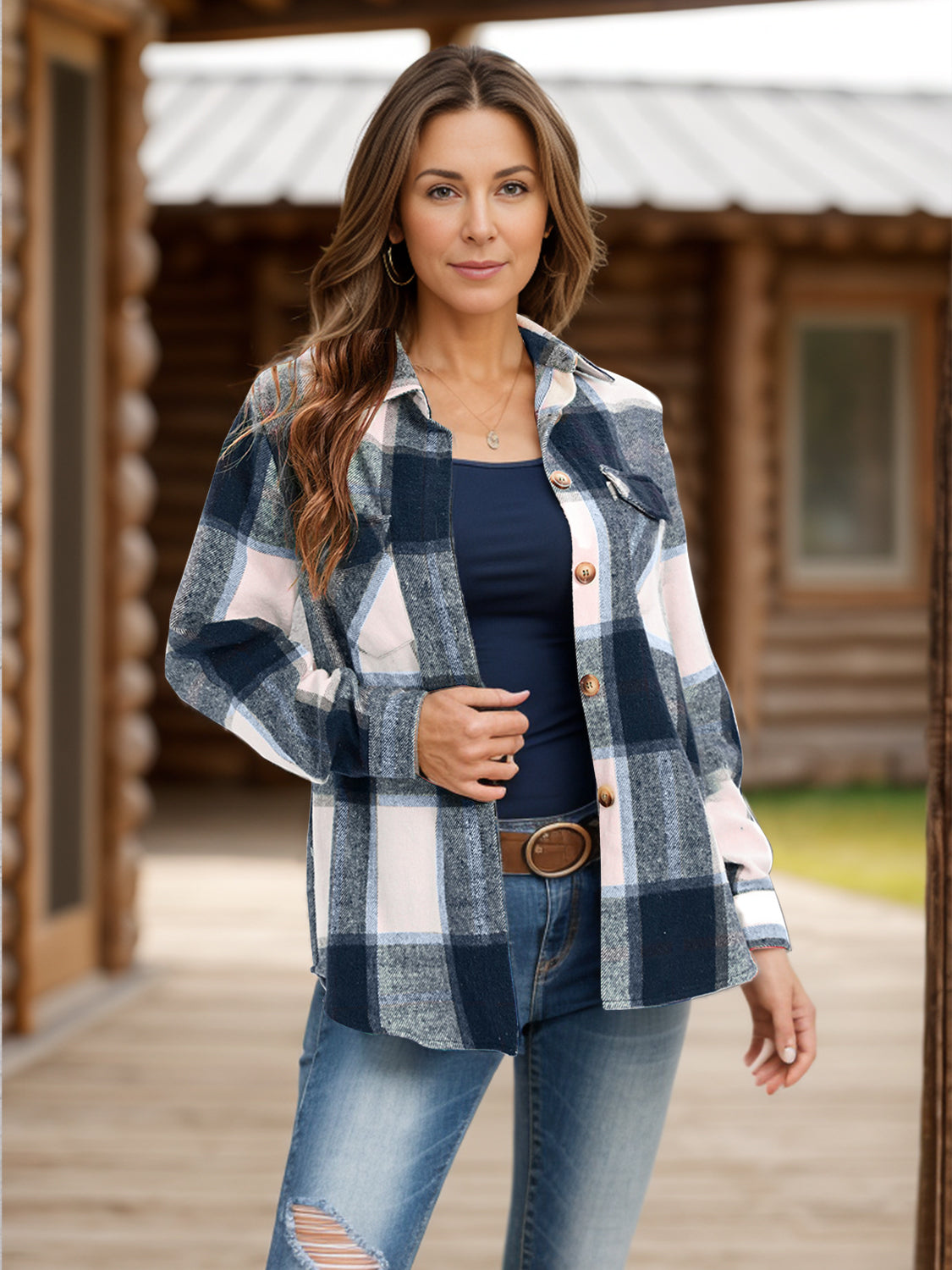 full size pocketed plaid collared neck shacket