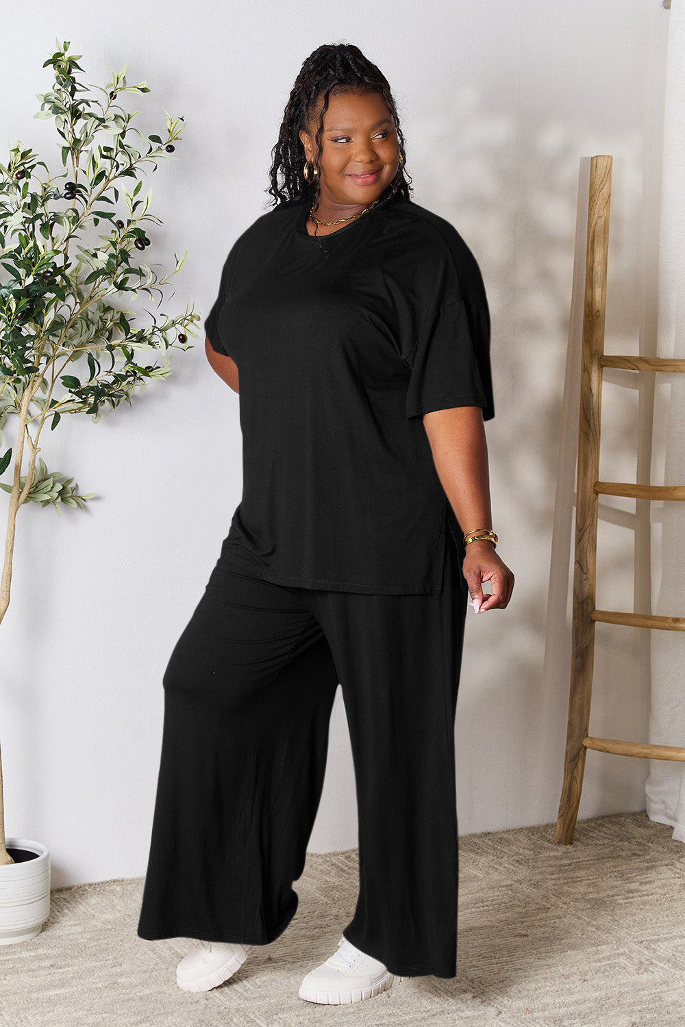 double take full size round neck slit top and pants set