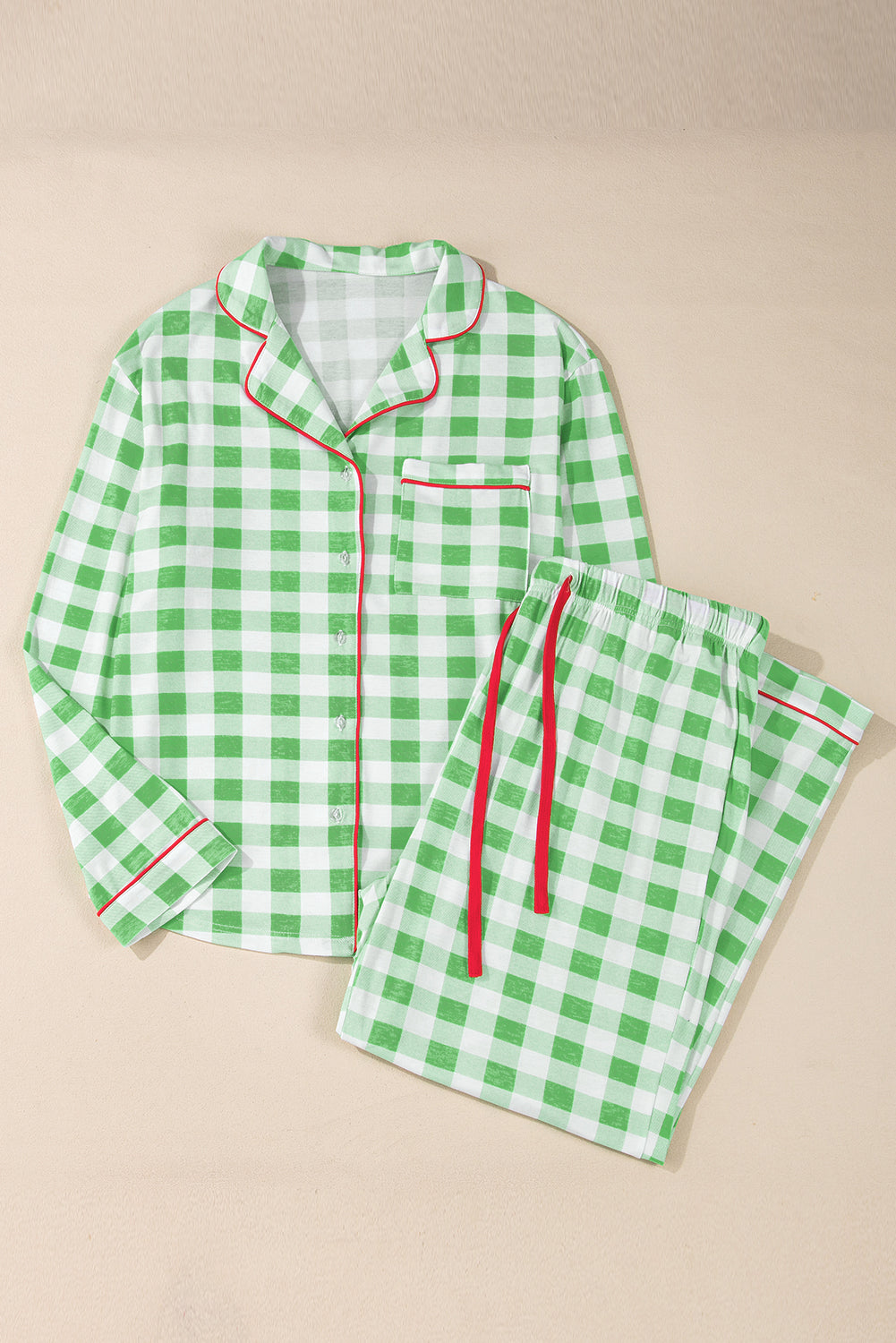 green plaid print contrast trim long sleeve plus size pajama set