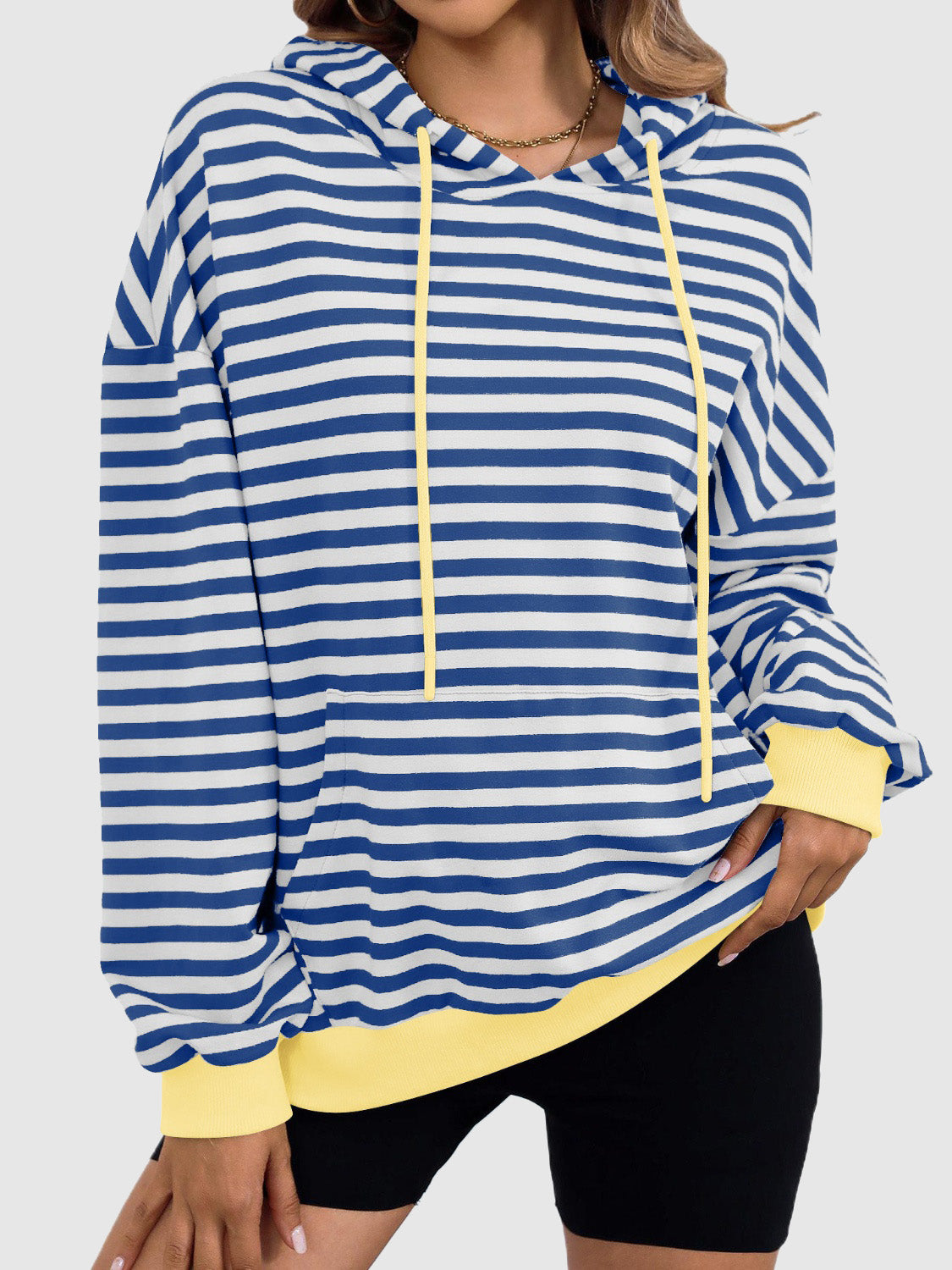 drawstring striped long sleeve hoodie