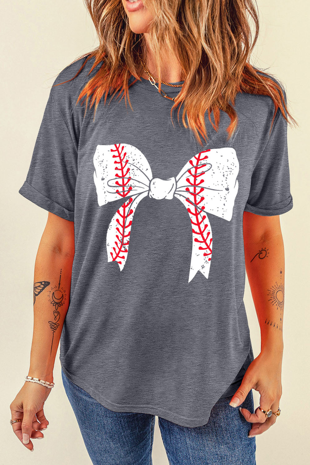 gray baseball bowknot graphic casual tee