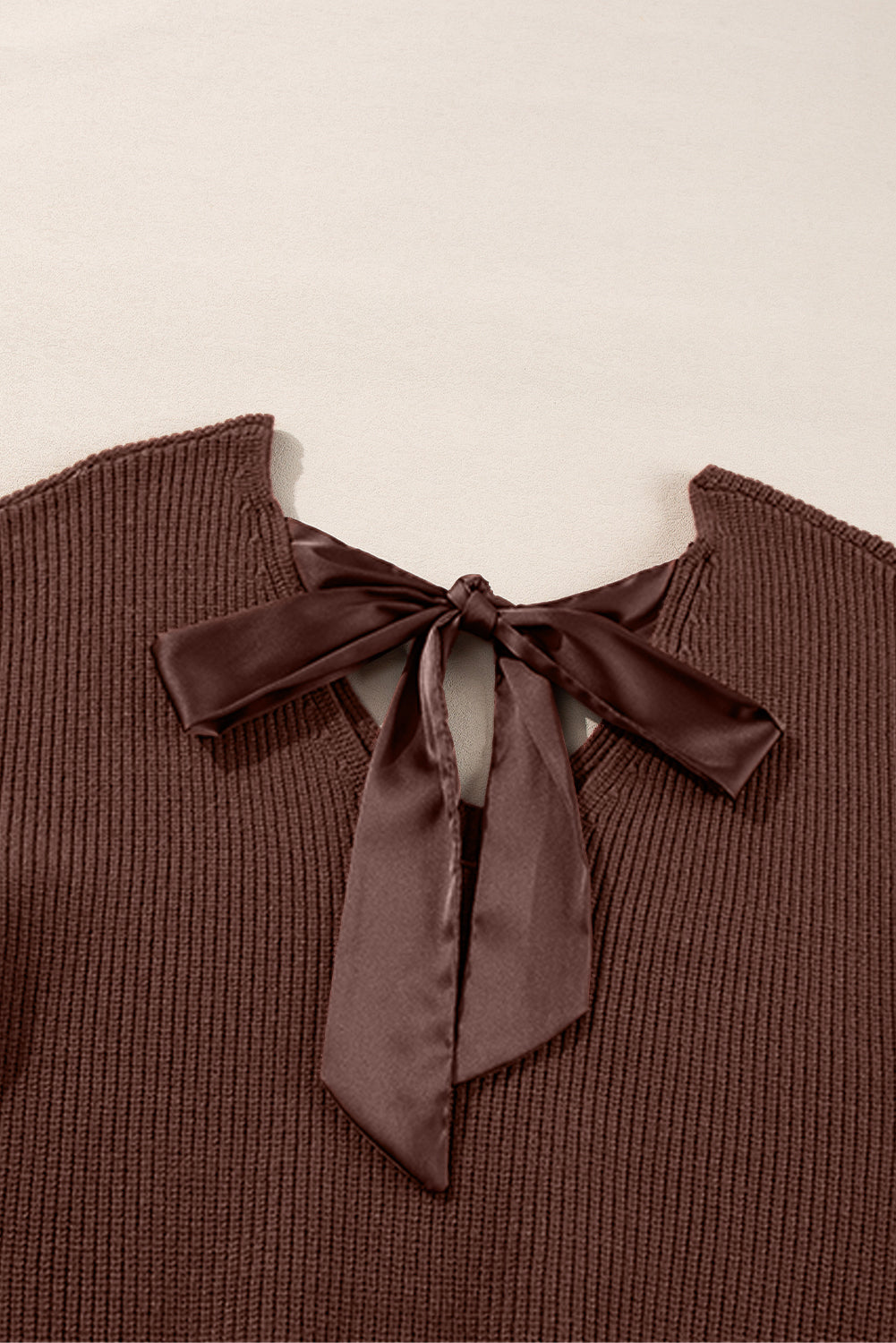 coffee lantern sleeve v neck knot back sweater