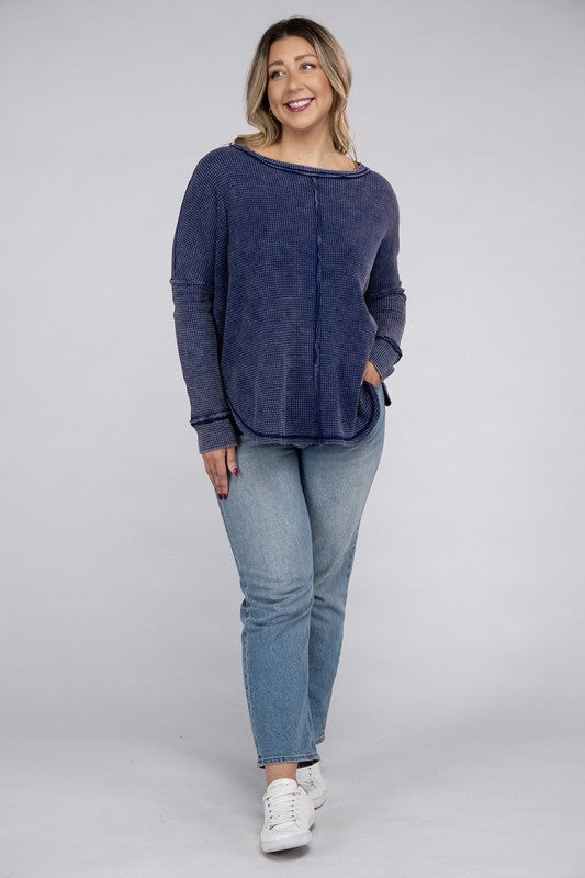 plus washed baby waffle oversized long sleeve top
