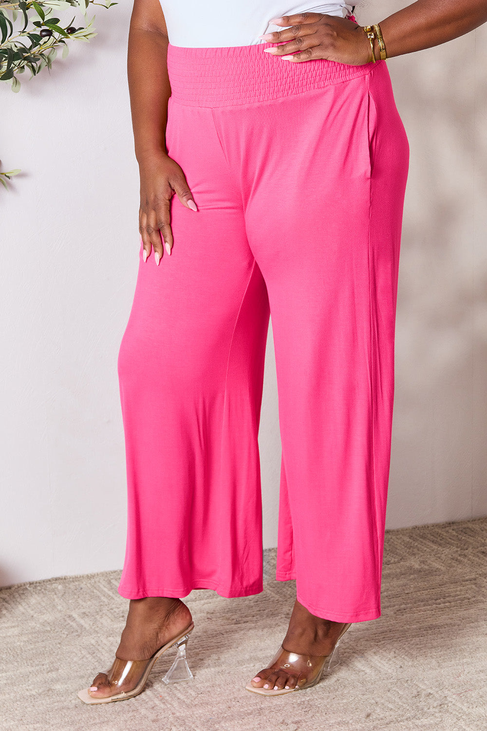 double take full size smocked wide waistband wide leg pants