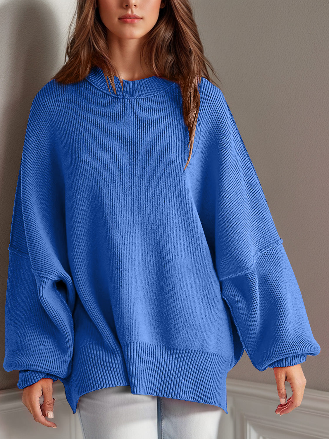 double take side slit round neck long sleeve sweater