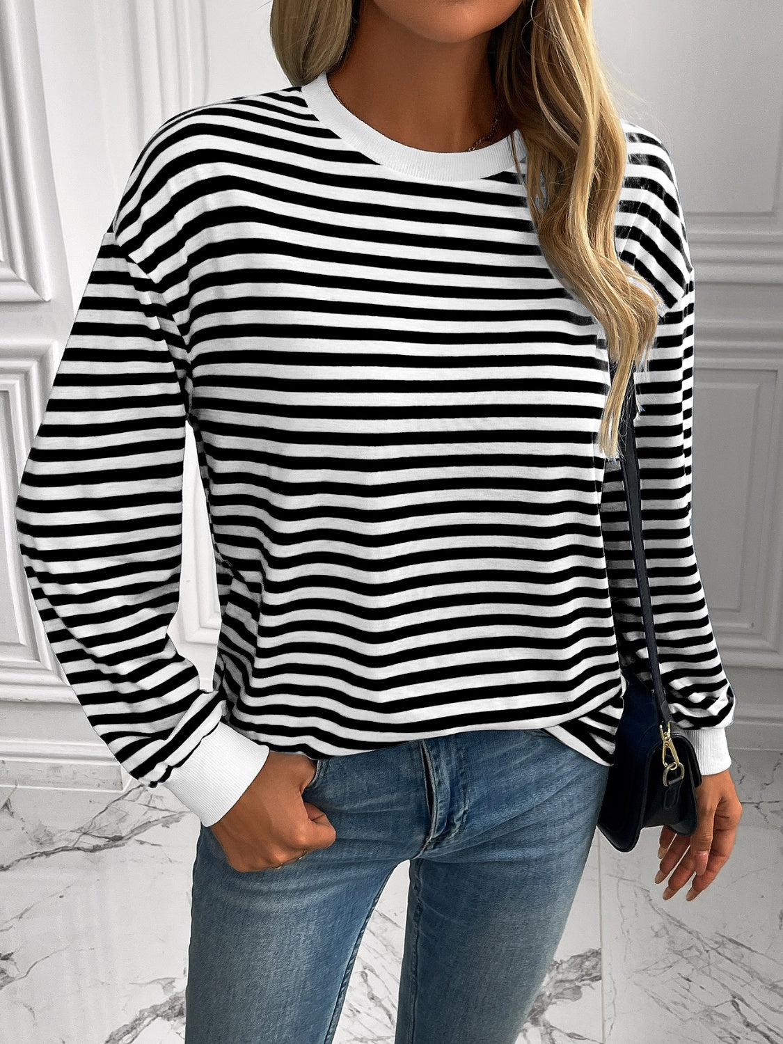 ivy lane striped round neck long sleeve sweatshirt