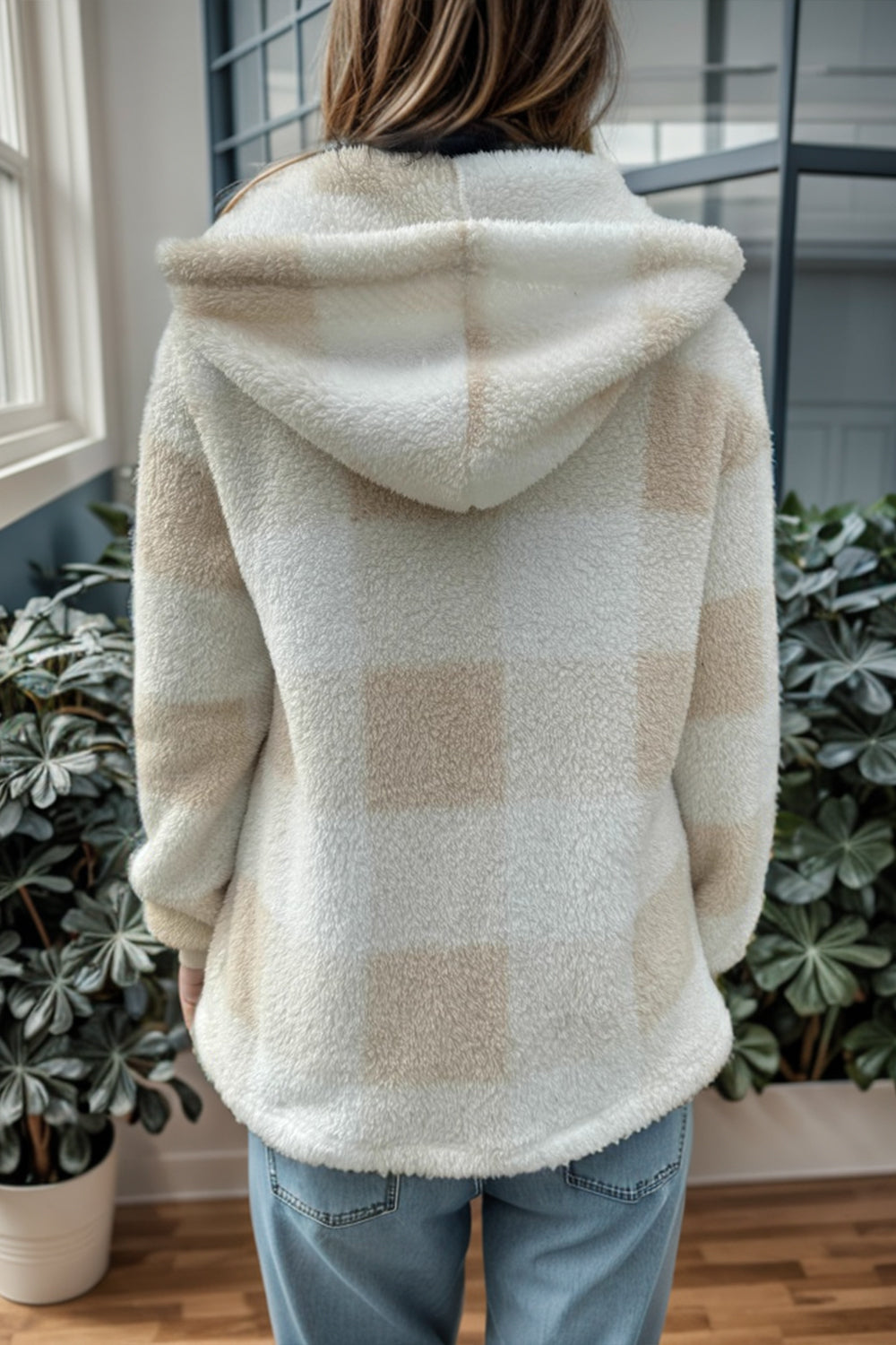 double take full size plaid long sleeve hooded coat