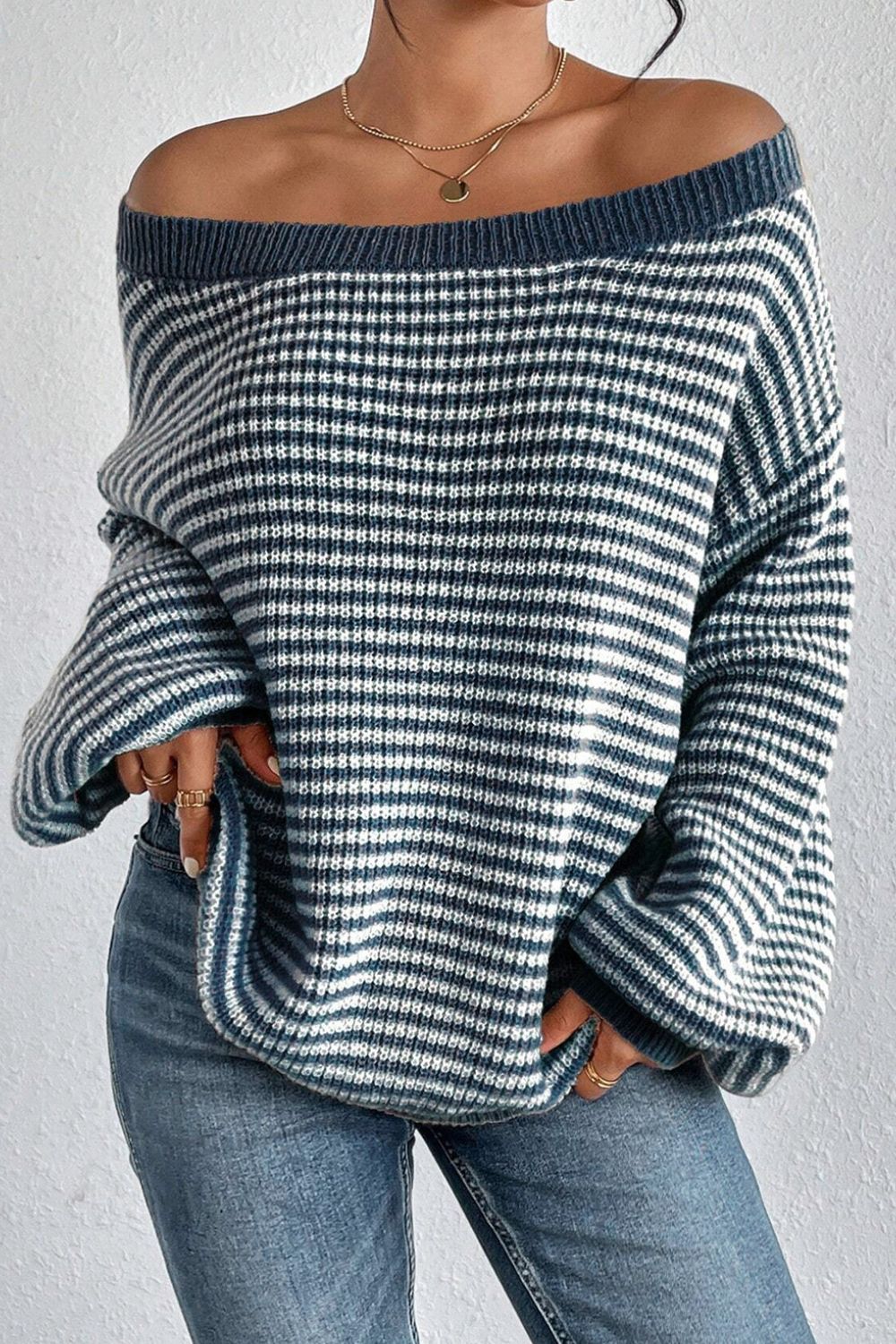 striped boat neck long sleeve sweater