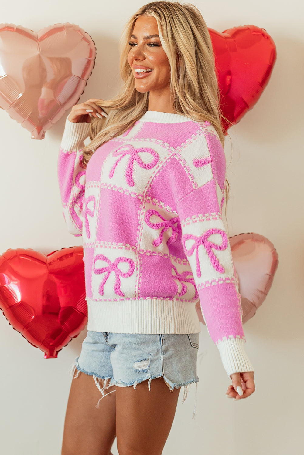 pink bow knot two tone checkered crew neck sweater