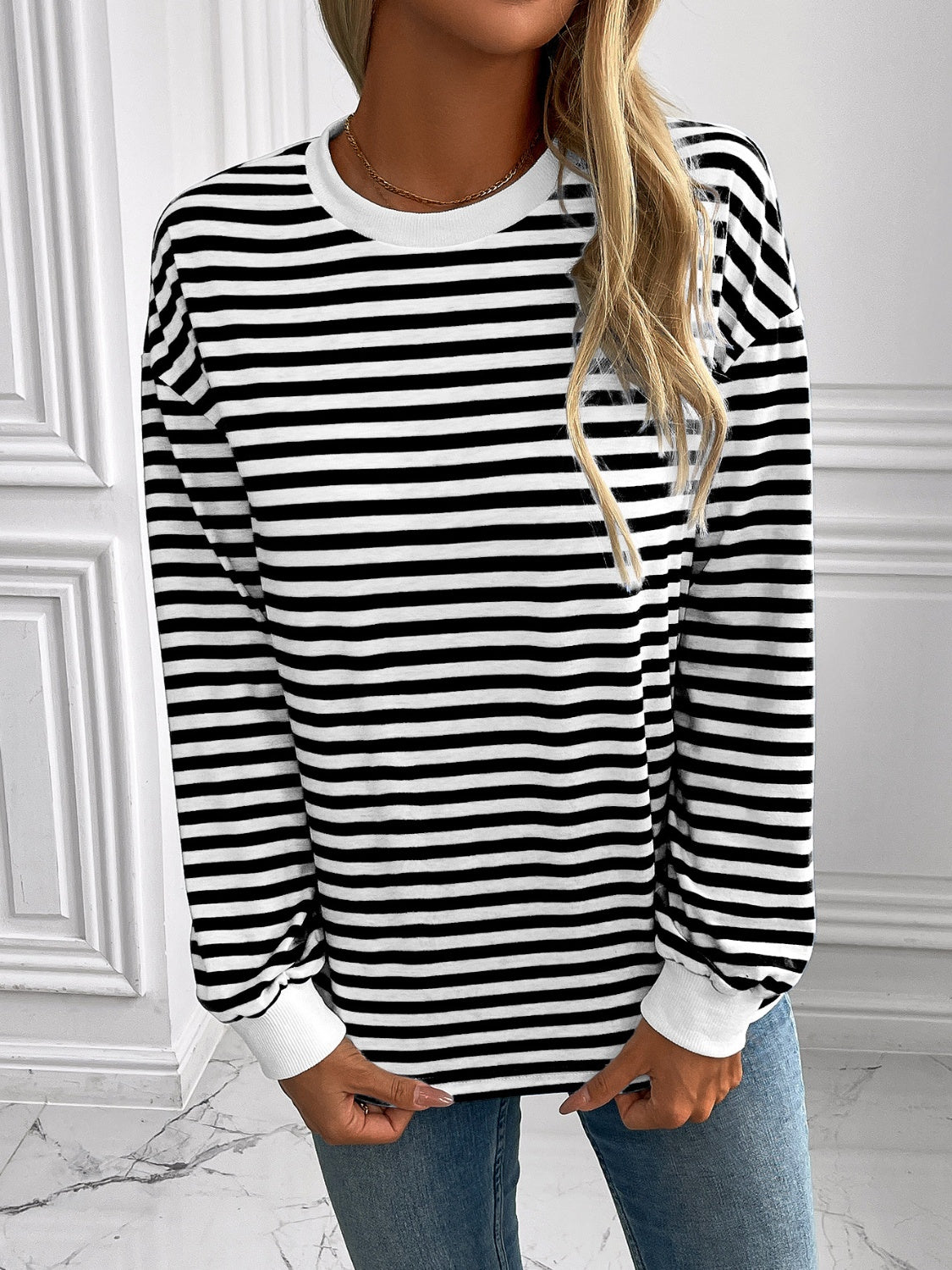 ivy lane striped round neck long sleeve sweatshirt