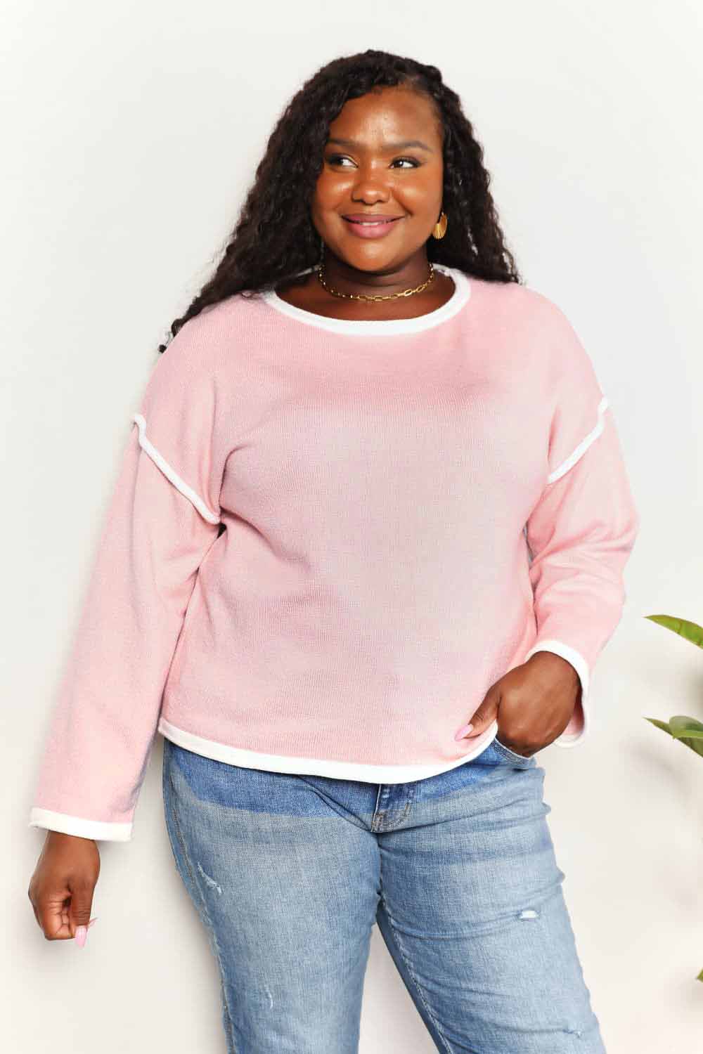 contrast detail dropped shoulder knit top
