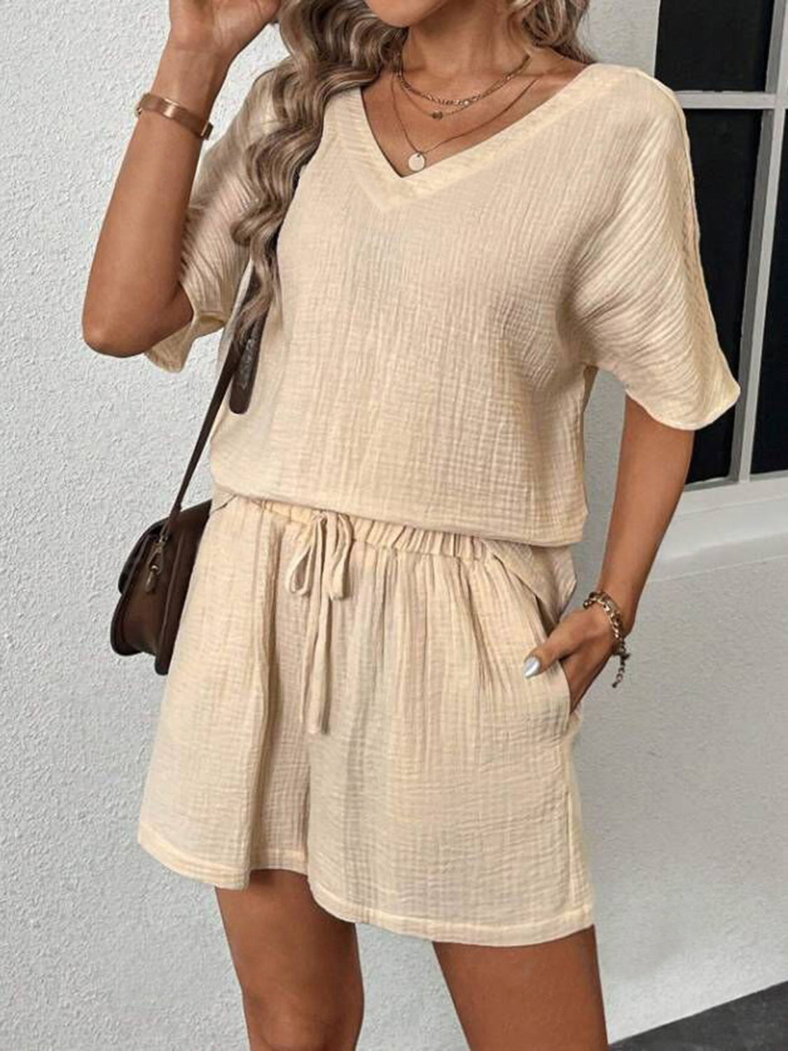 v-neck half sleeve top and shorts set