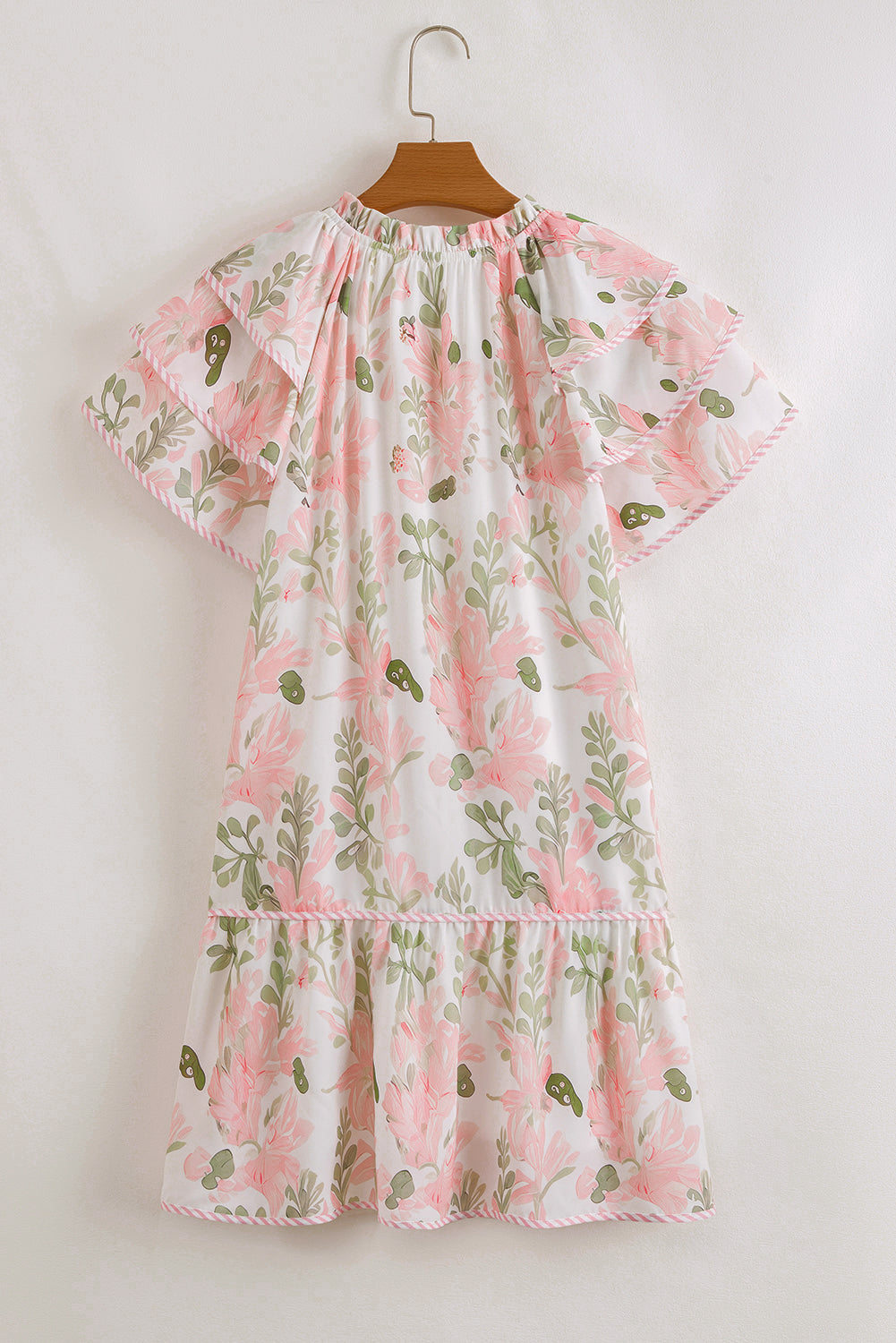 pink floral contrast edge layered short sleeve mini dress