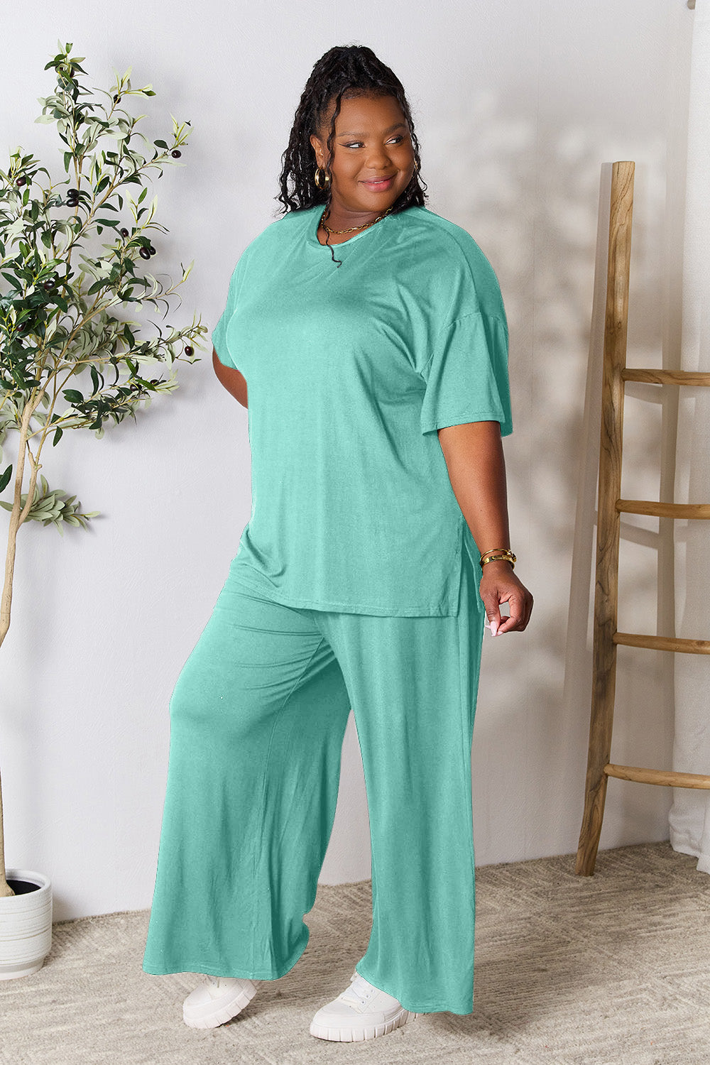 double take full size round neck slit top and pants set