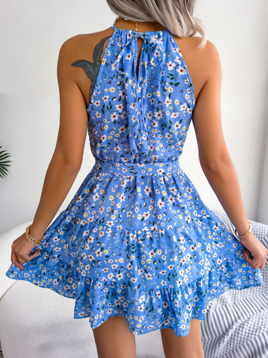 tied printed grecian neck mini dress