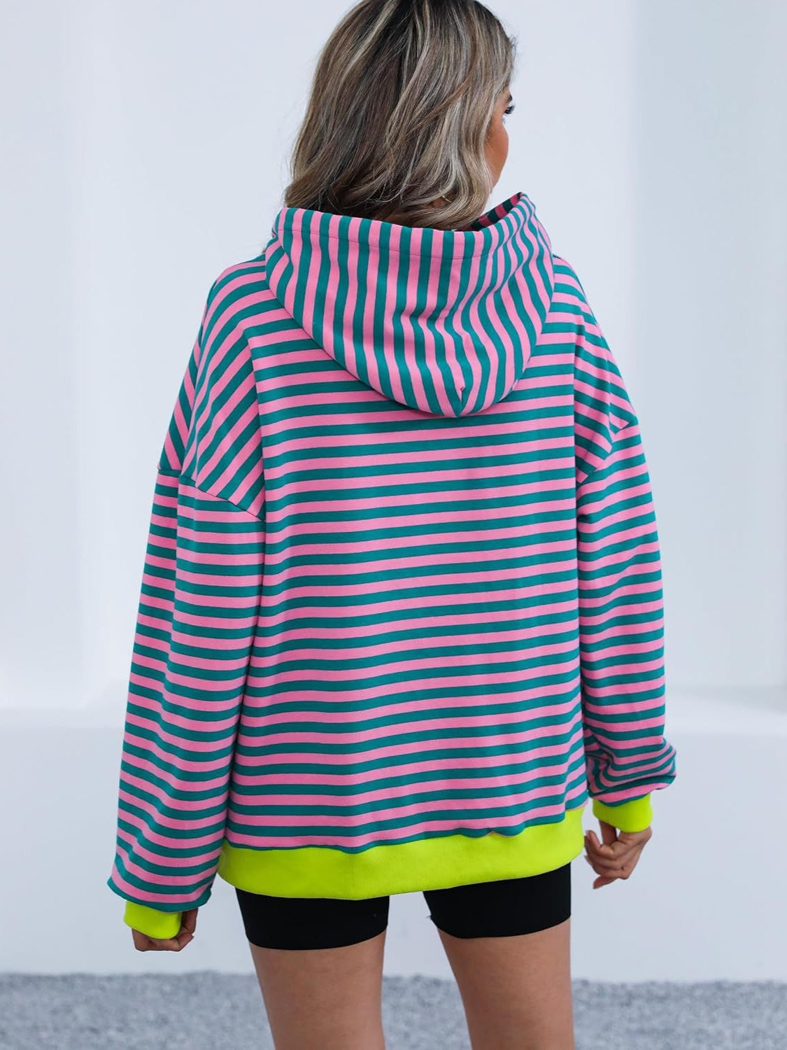 drawstring striped long sleeve hoodie