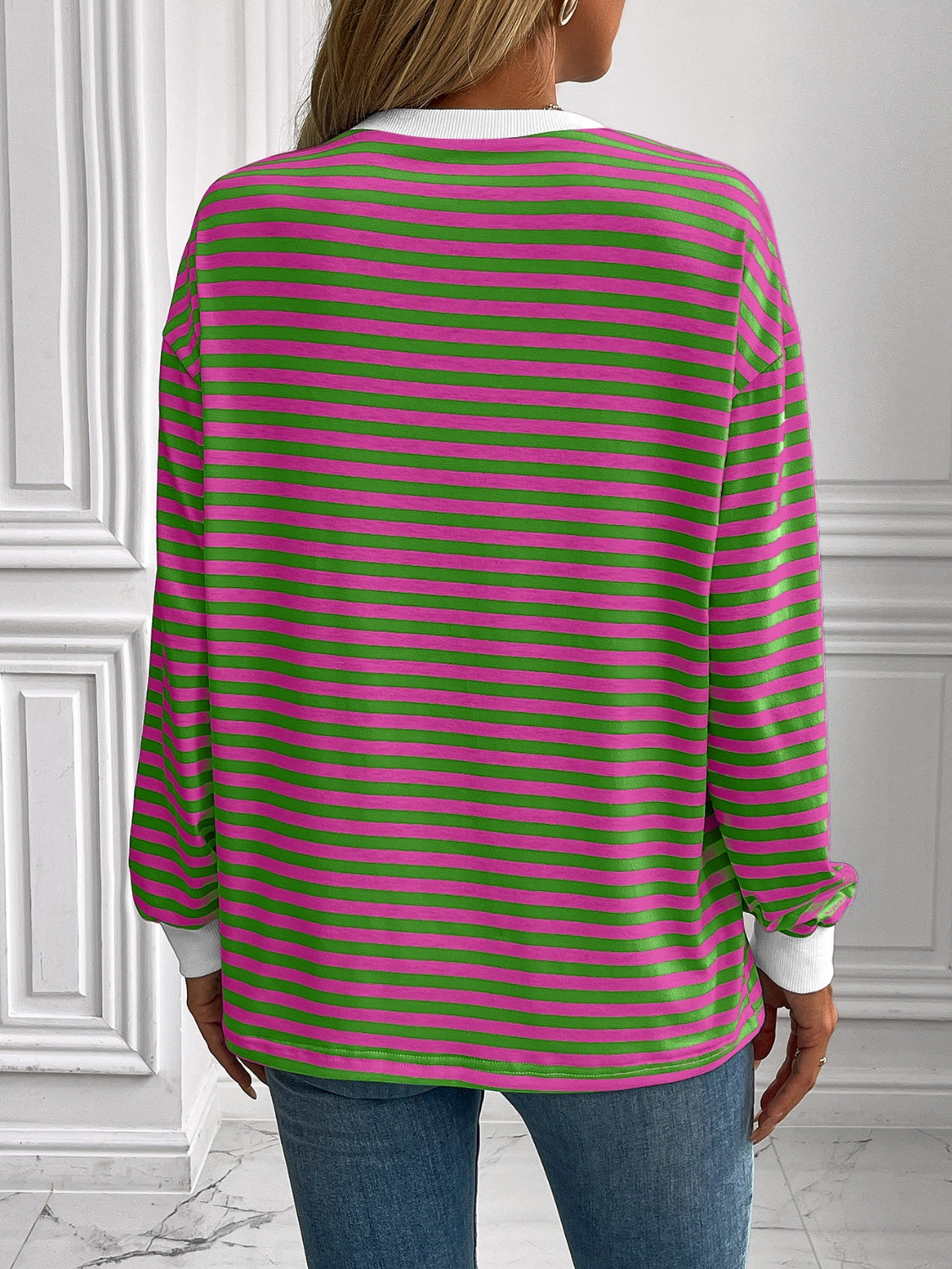 ivy lane striped round neck long sleeve sweatshirt