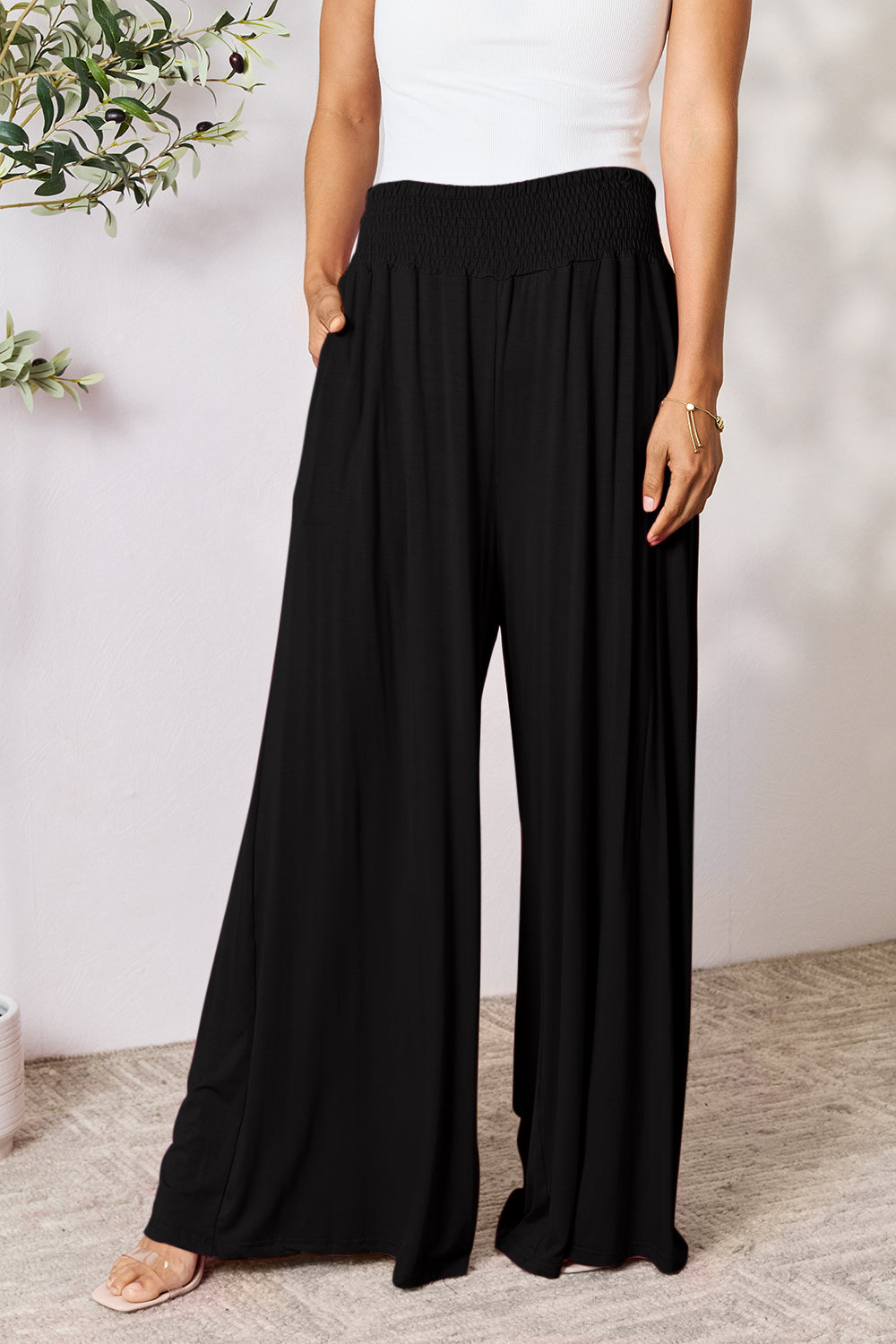 double take full size smocked wide waistband wide leg pants