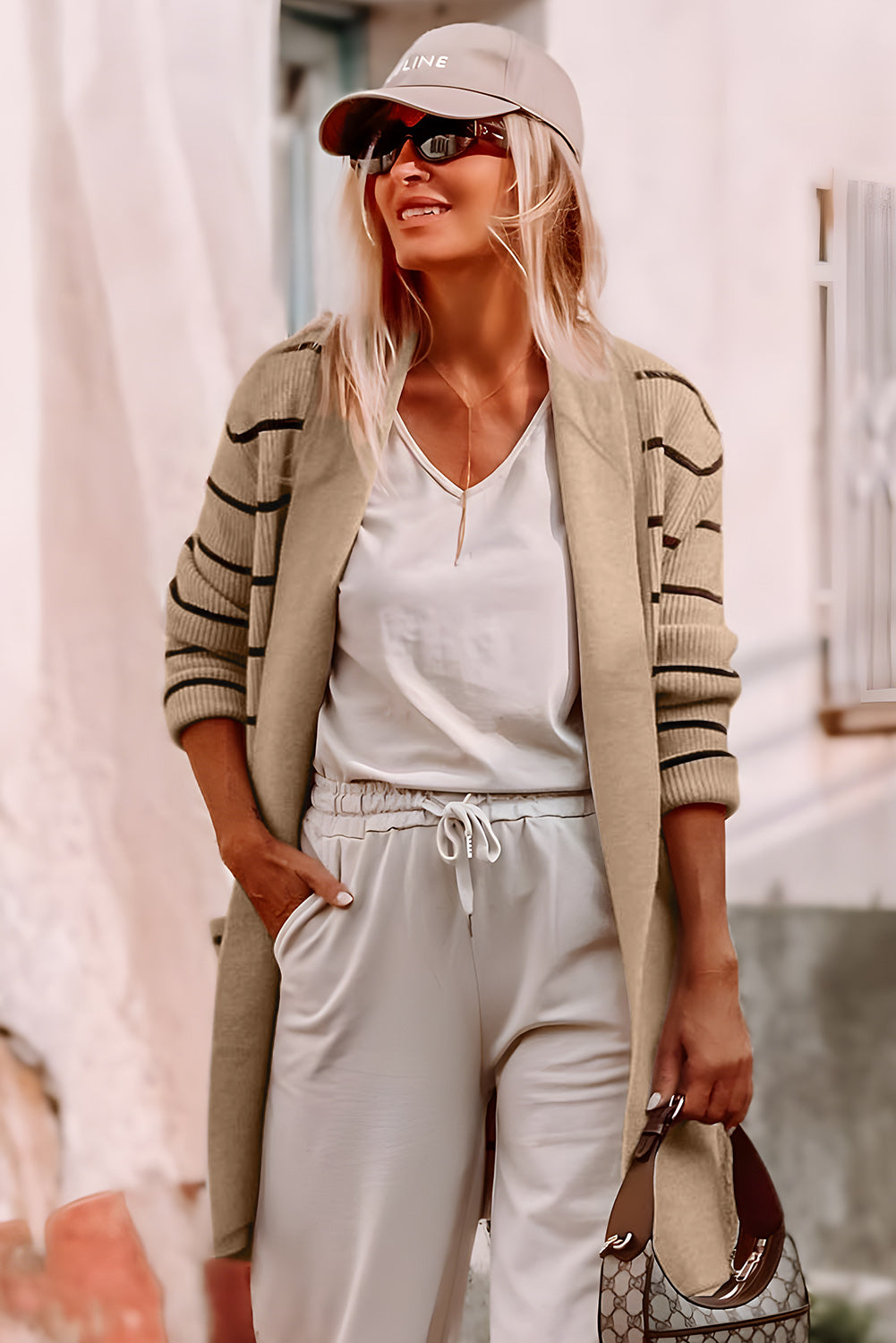 black stripe shawl neckline open cardigan with pockets