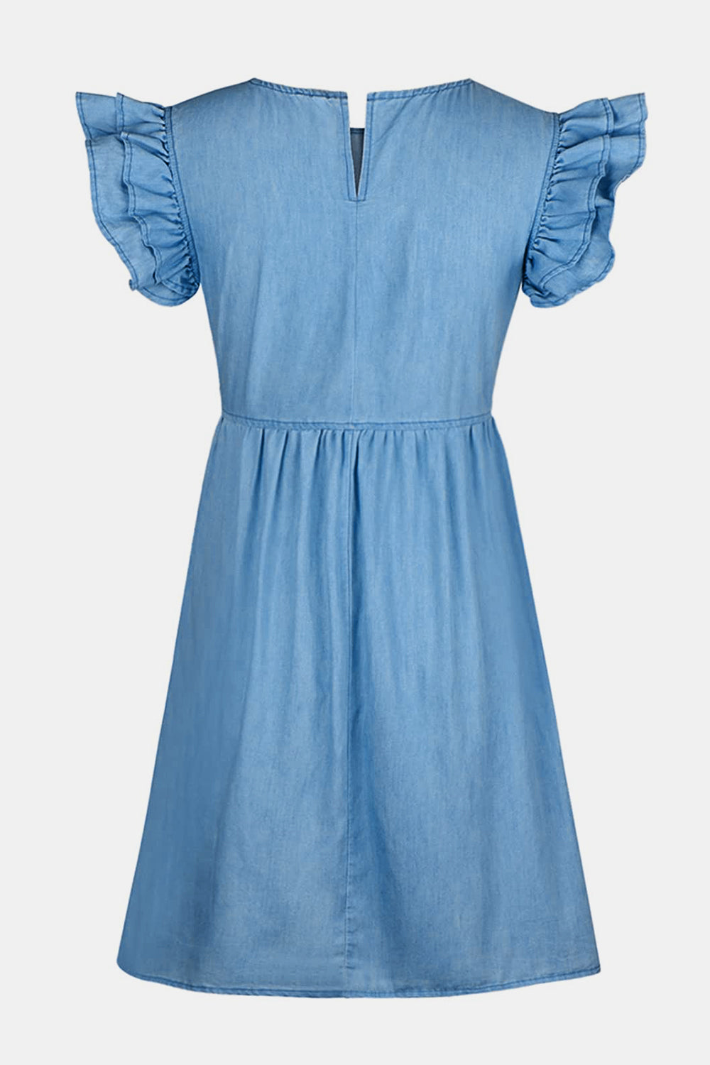 full size ruffled round neck cap sleeve denim dress