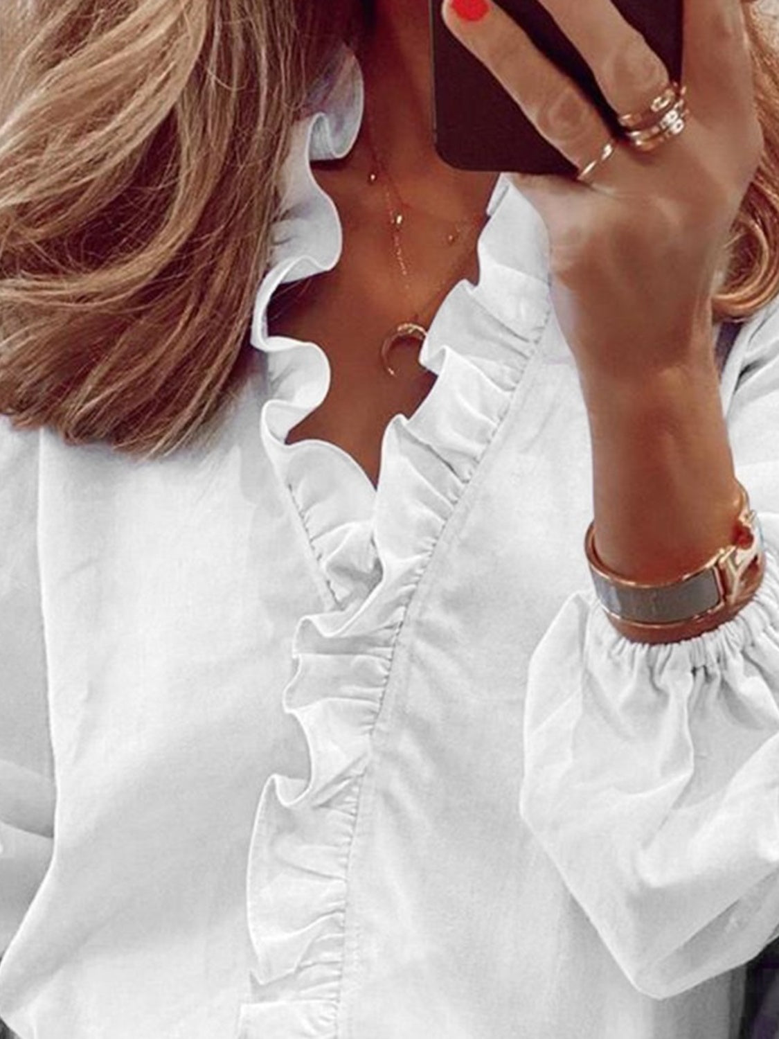 full size ruffled v-neck long sleeve blouse