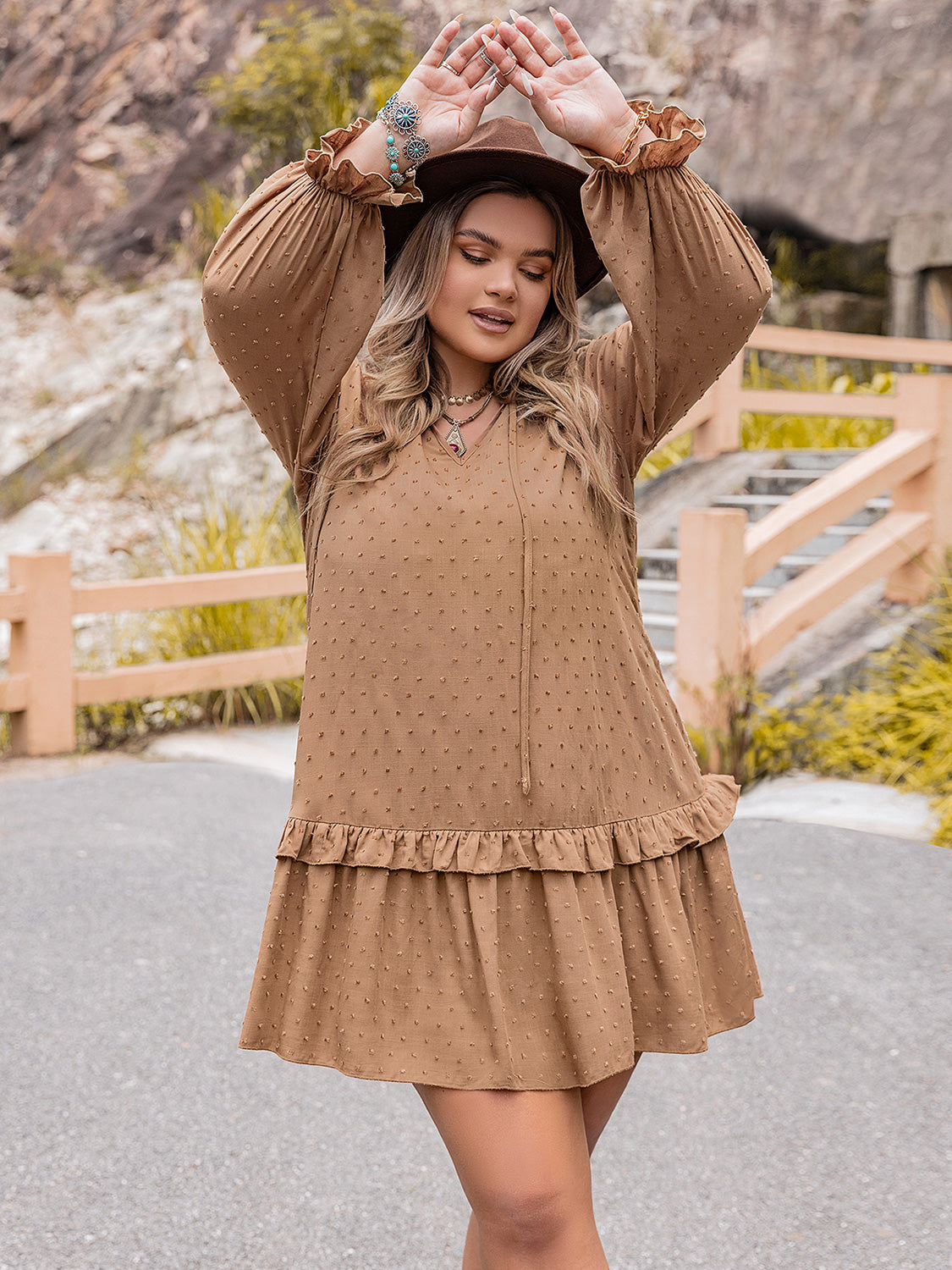 plus size dot flounce sleeve mini dress