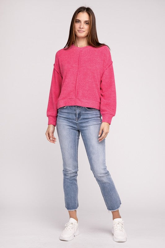 brushed melange hacci hi-low hem sweater
