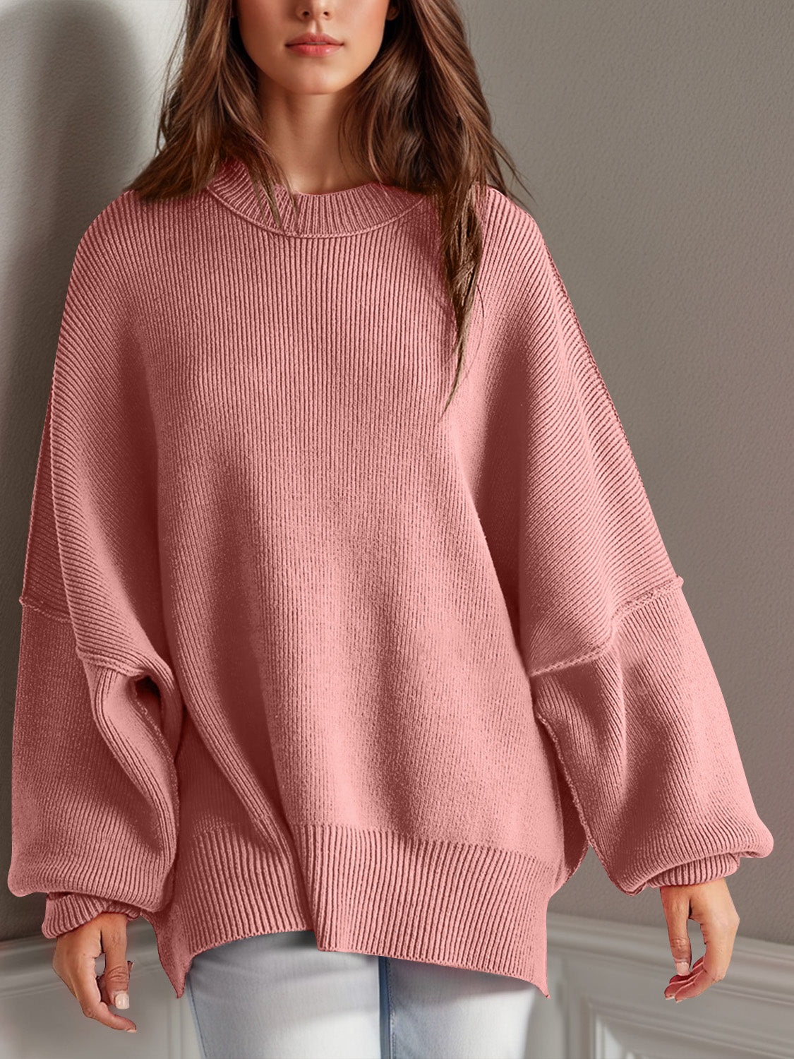 double take side slit round neck long sleeve sweater