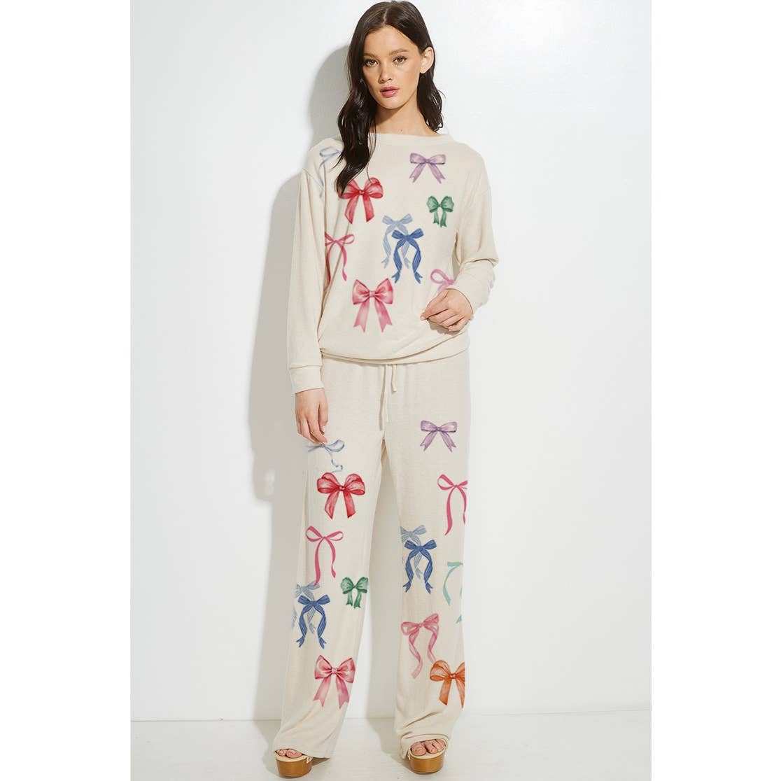 colorful bow allover print soft loungewear set