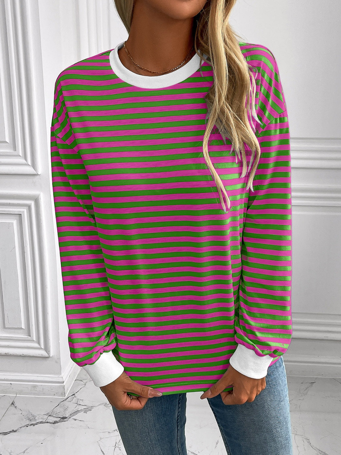 ivy lane striped round neck long sleeve sweatshirt