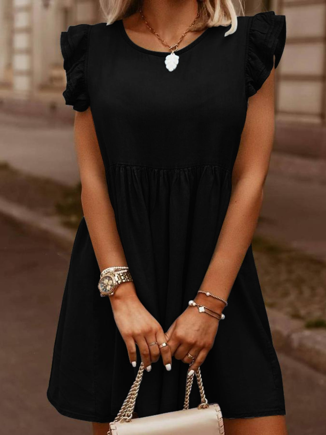 full size ruffled round neck cap sleeve denim dress