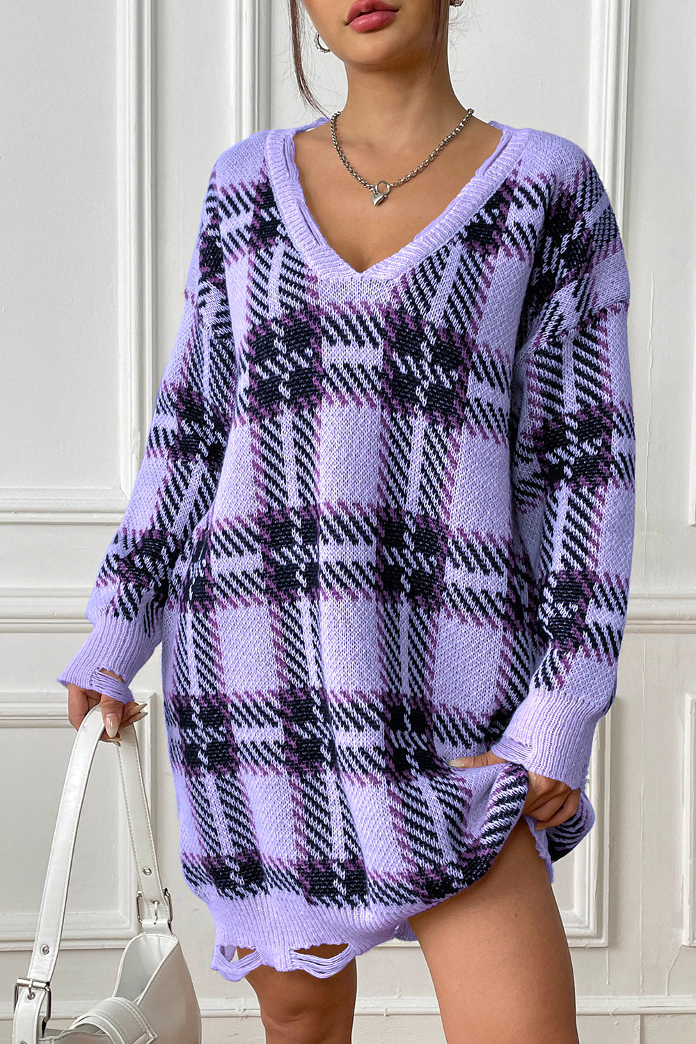 plaid v-neck long sleeve sweater dress