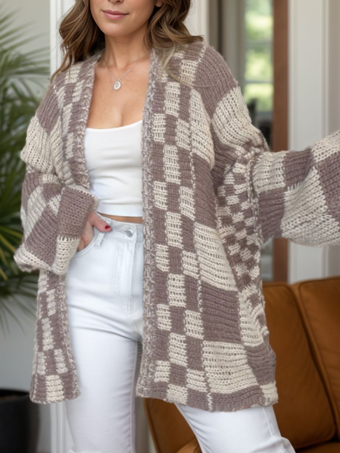 plaid open front long sleeve cardigan