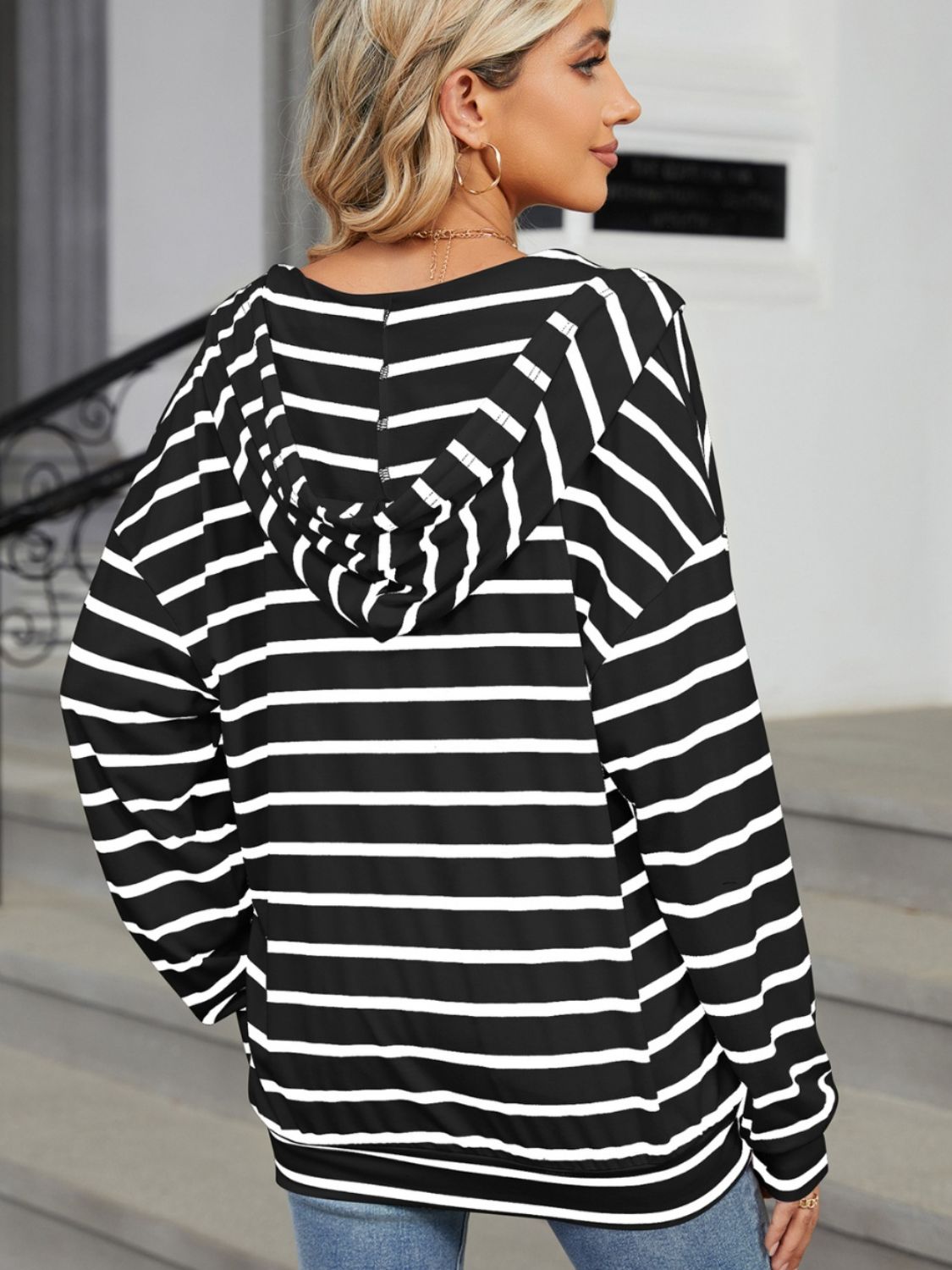 drawstring striped long sleeve hoodie