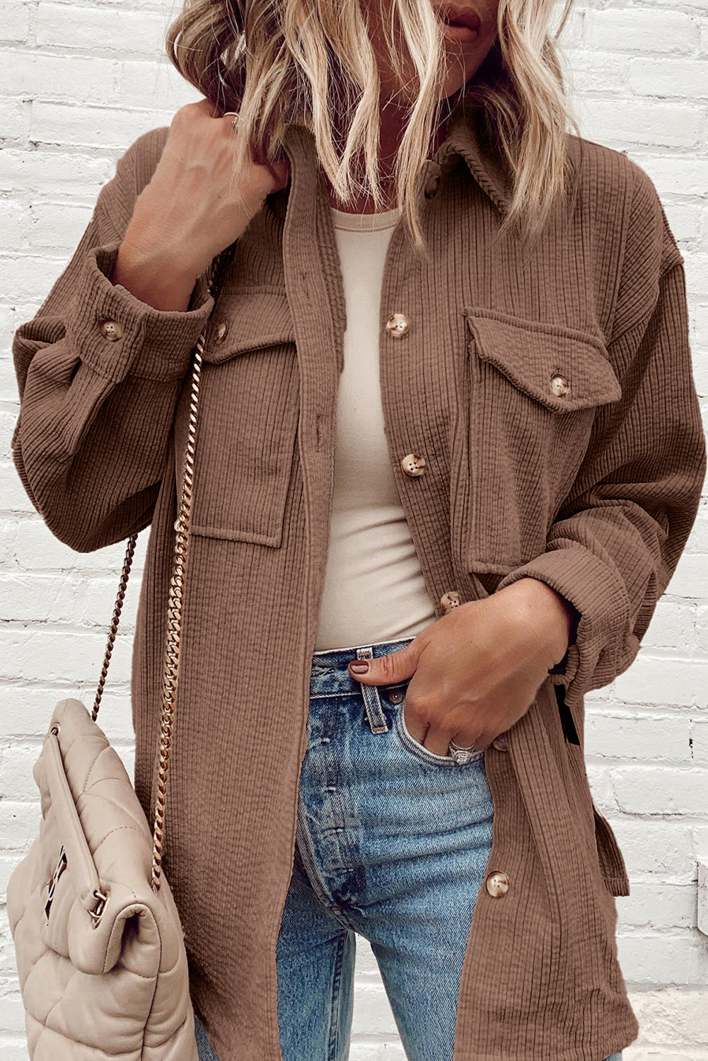 chestnut corduroy flap pocket button up shacket