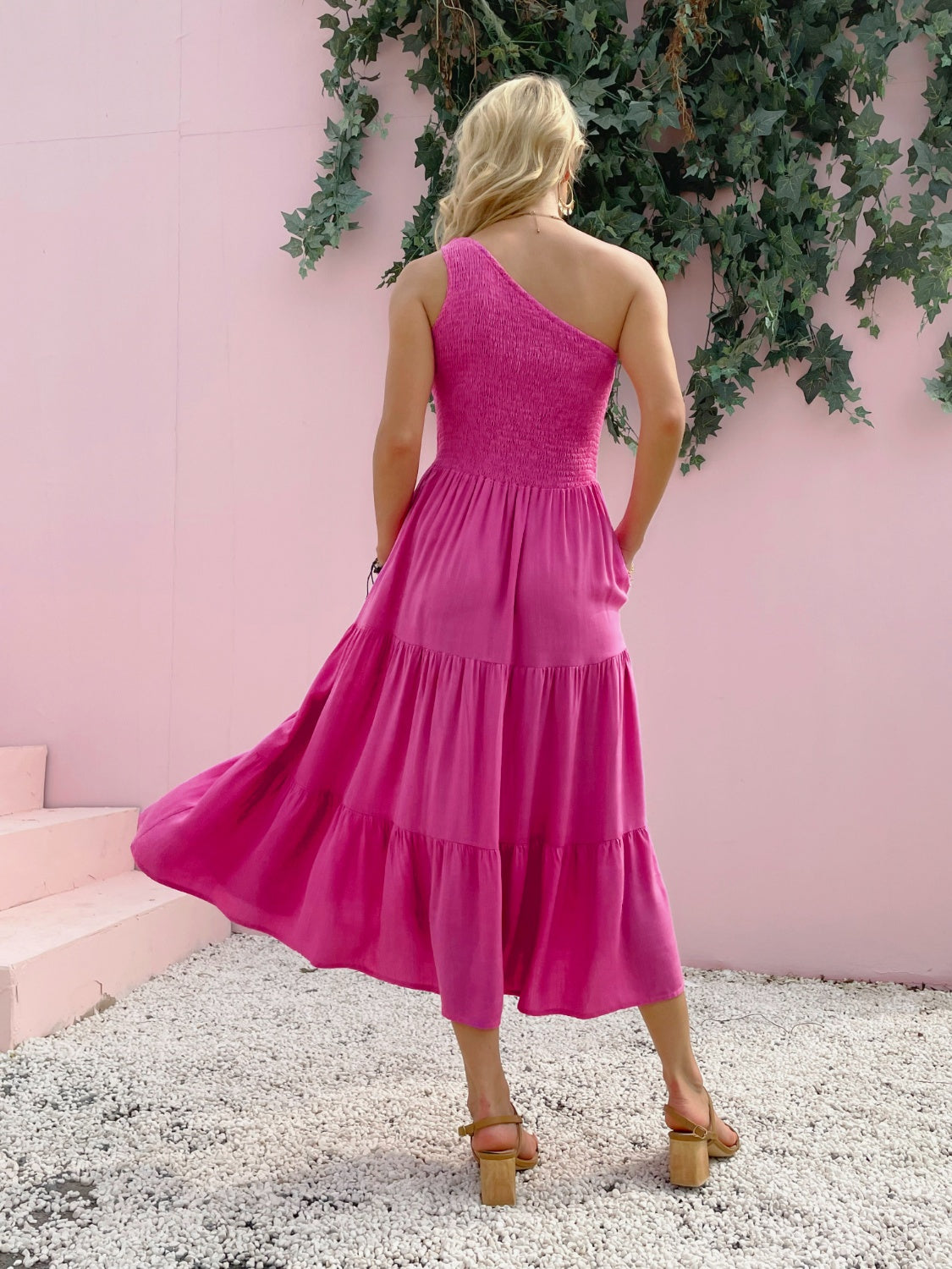 smocked single shoulder sleeveless dress