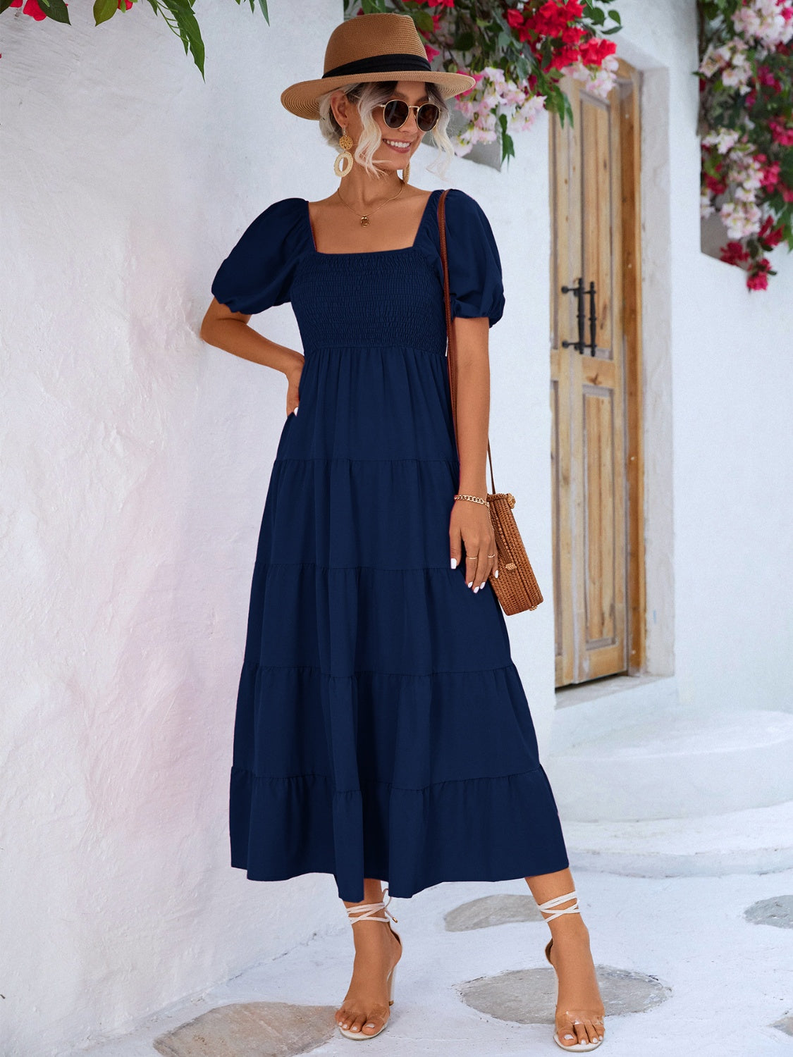tiered smocked short sleeve dress
