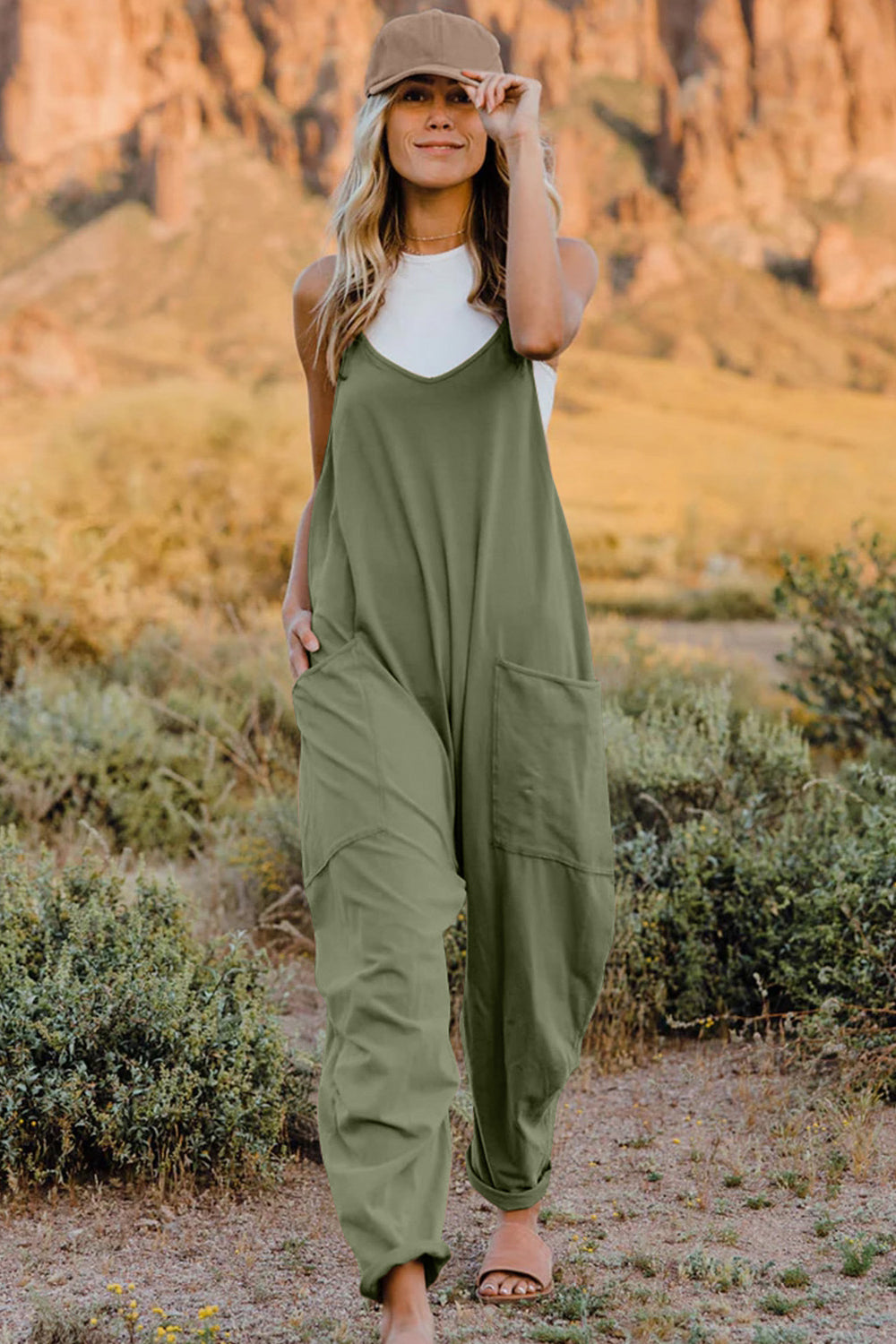double take full size v-neck sleeveless jumpsuit with pockets
