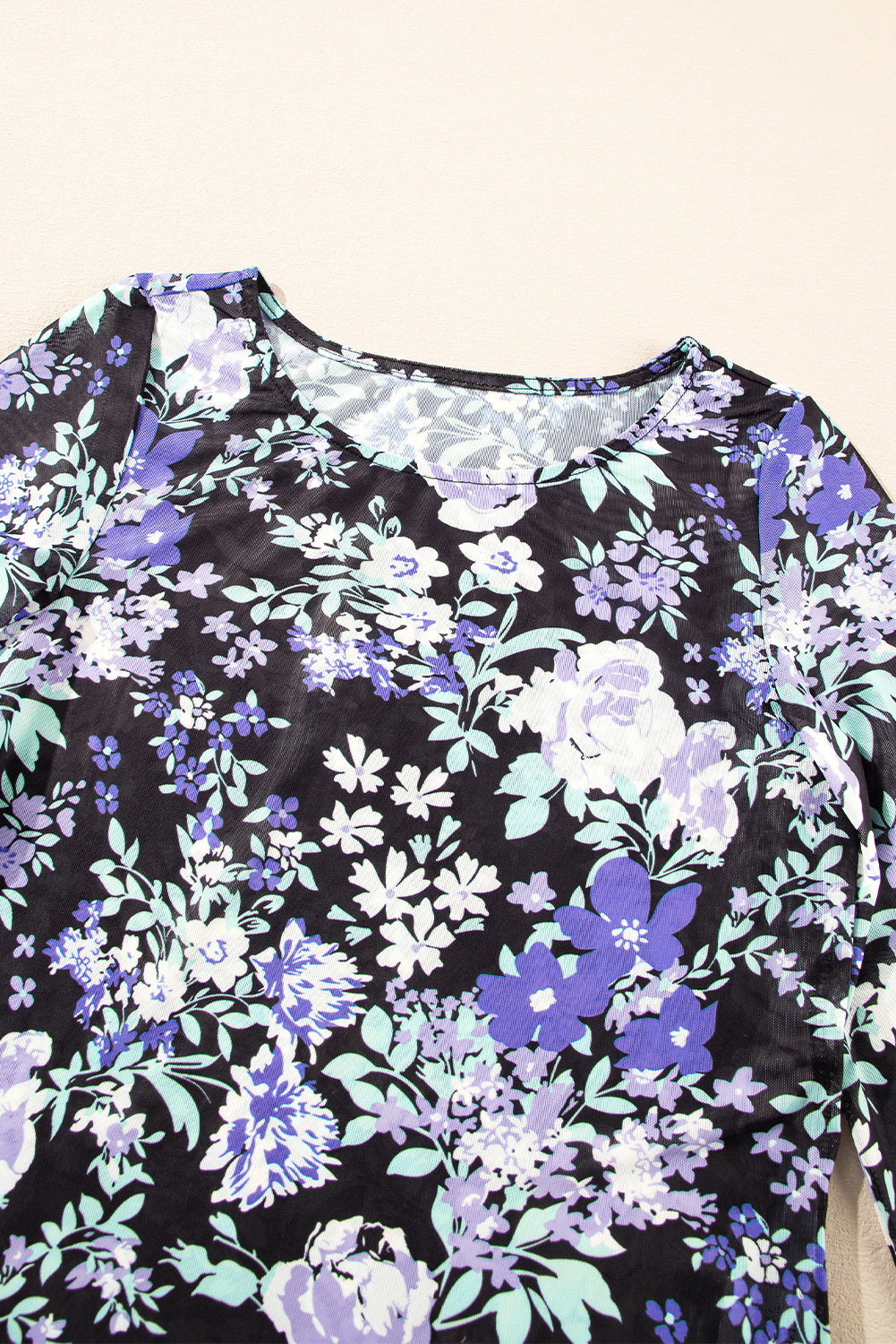black floral print mesh fitted long sleeve top