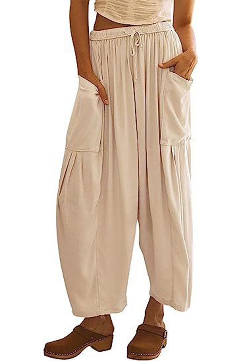 full size pocketed drawstring wide leg pants