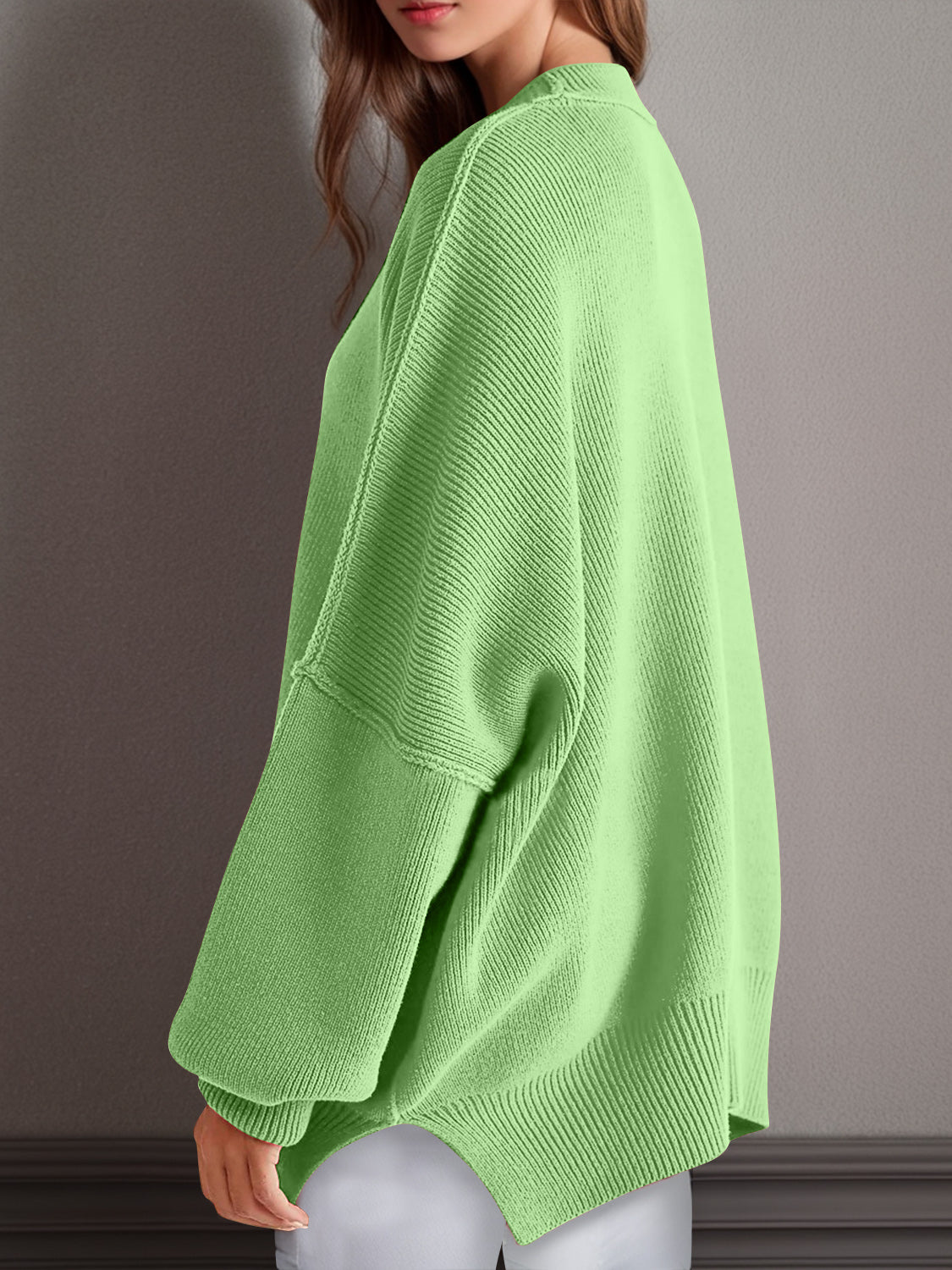double take side slit round neck long sleeve sweater