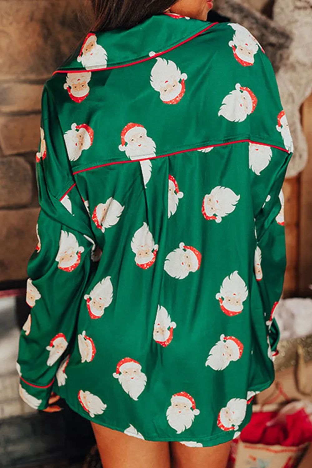 santa collared neck long sleeve top and shorts lounge set