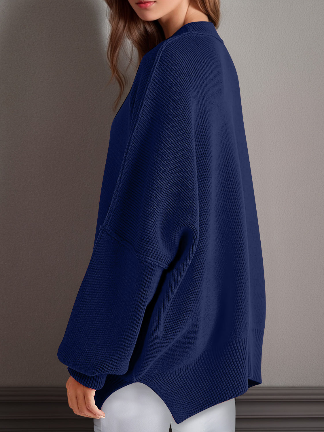 double take side slit round neck long sleeve sweater