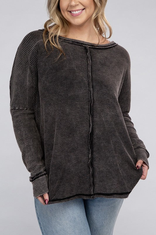 plus washed baby waffle oversized long sleeve top