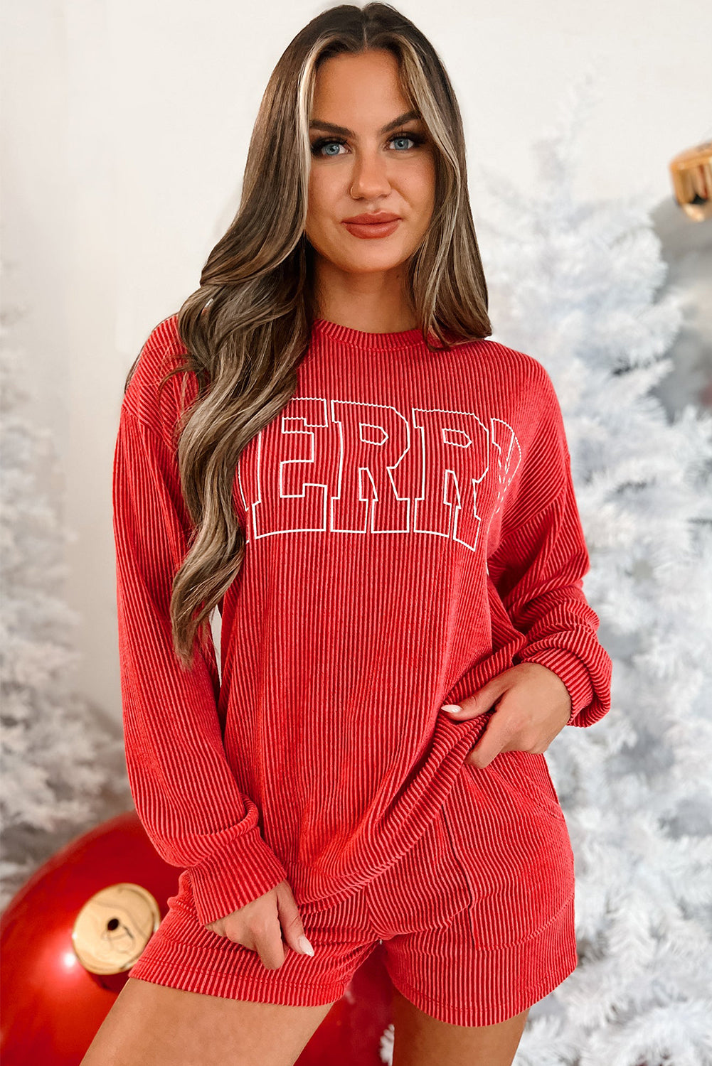 racing red corded merry graphic long sleeve top and shorts set
