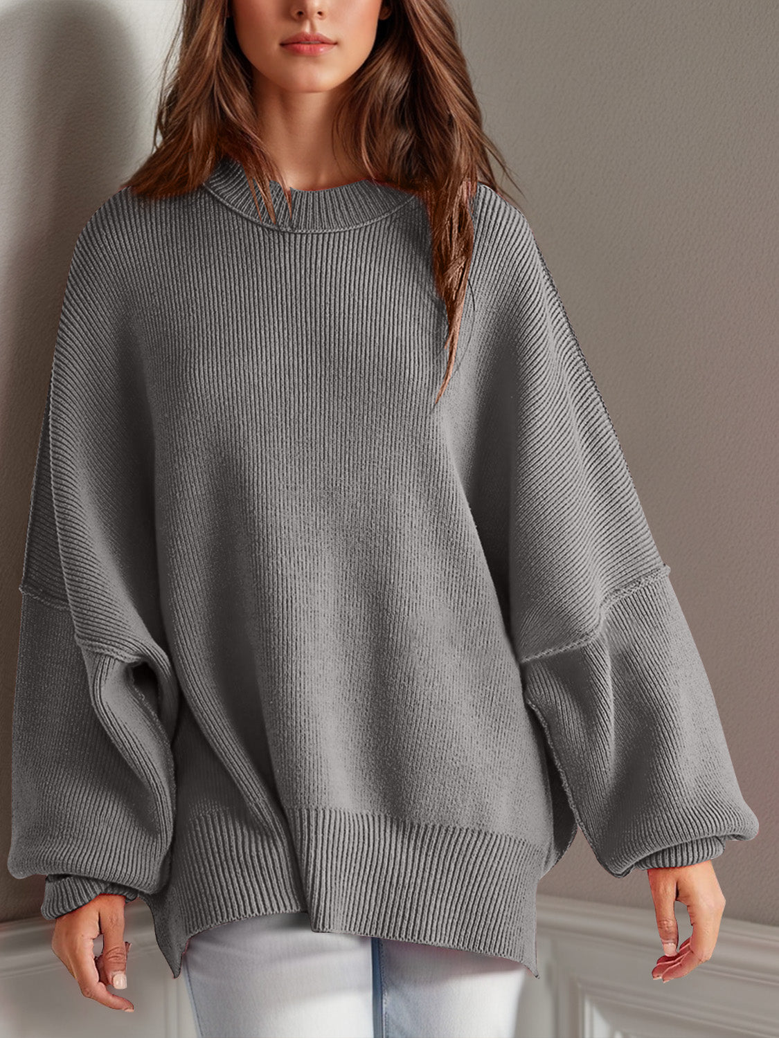 double take side slit round neck long sleeve sweater