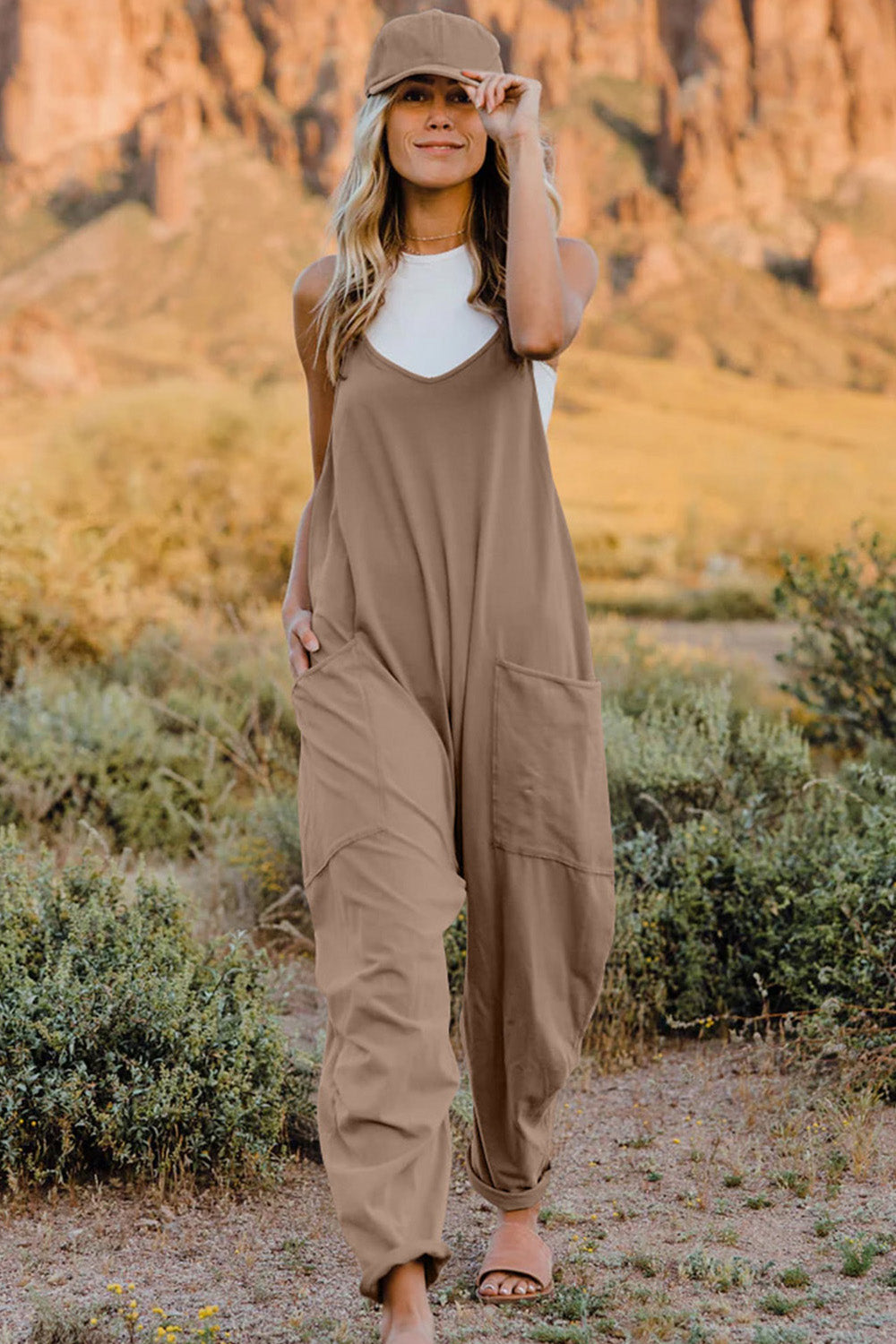 double take full size v-neck sleeveless jumpsuit with pockets