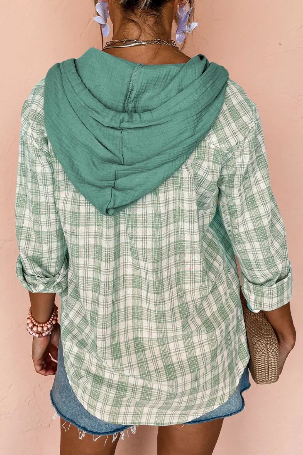 drawstring button up hooded jacket